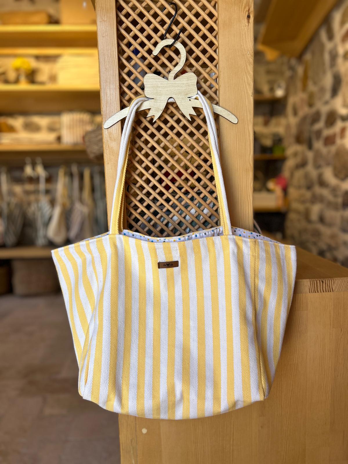 Yellow Striped Fishbone Fabric Bag, Handles Made from the Same Fabric, Blue Yellow Polka Dot Lining, White Velcro