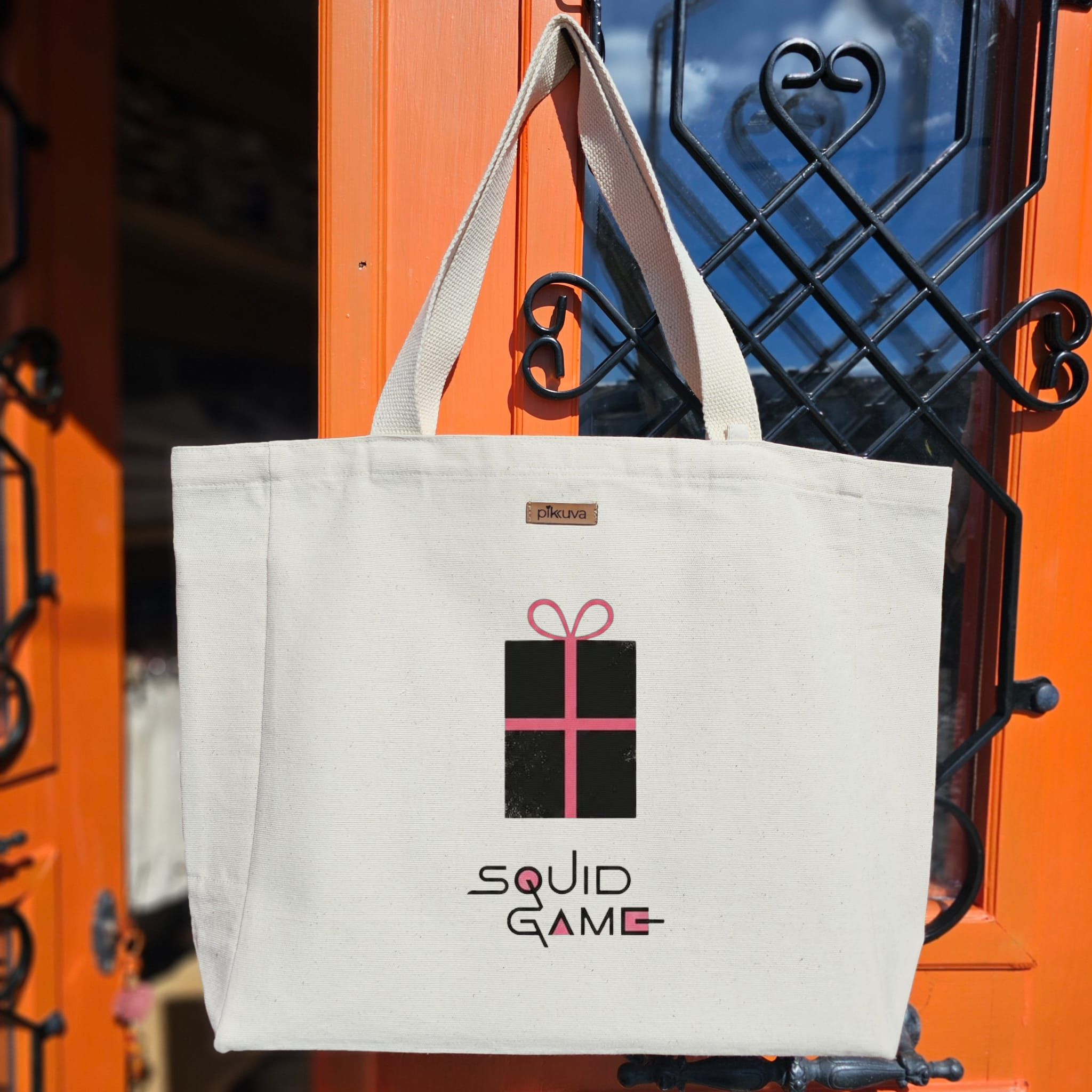 Natural Canvas Tote Bag, Natural Handle, White Velcro, Water Bottle Holder — 12x20
