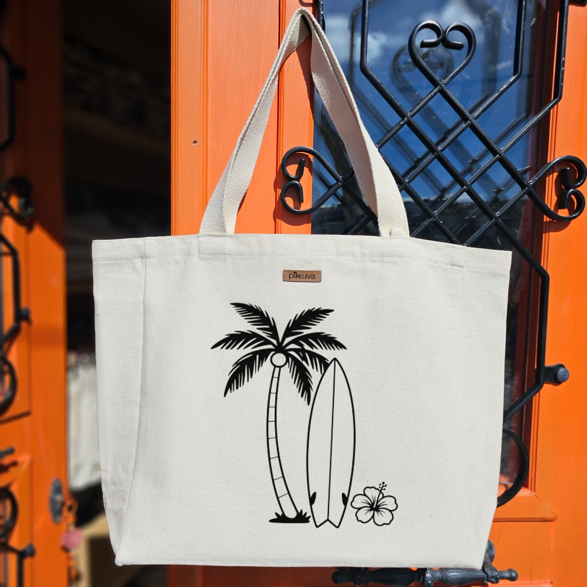 Tropikal Palmiye ve Sörf Tahtası Tasarımı Tropical palm tree Baskılıı Naturel Kanvas Bez Çanta Sap Beyaz Cırt Cırtlı Suluk Tutuculu — 20x24