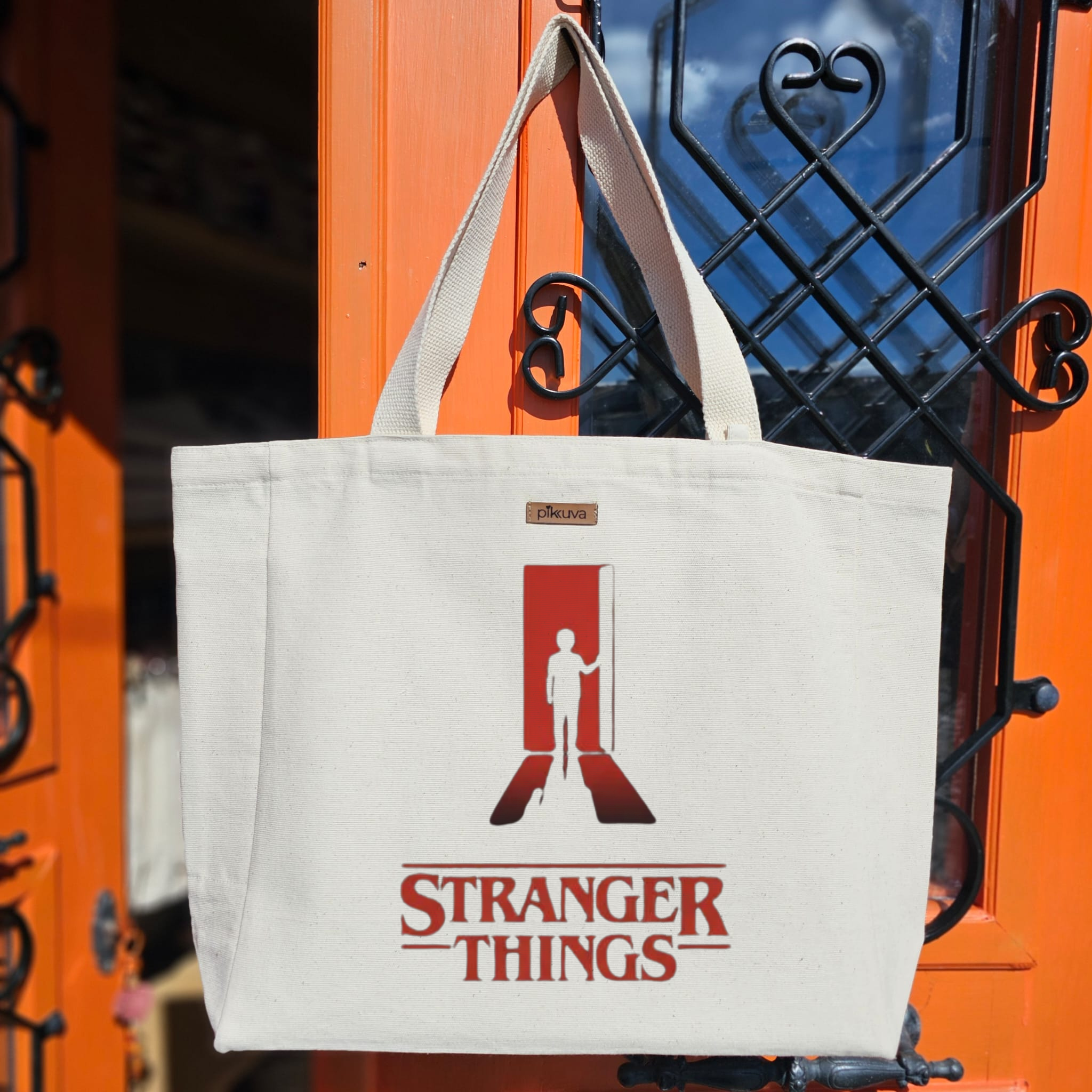 Natural Canvas Tote Bag, Natural Handle, White Velcro, Water Bottle Holder — 20x24