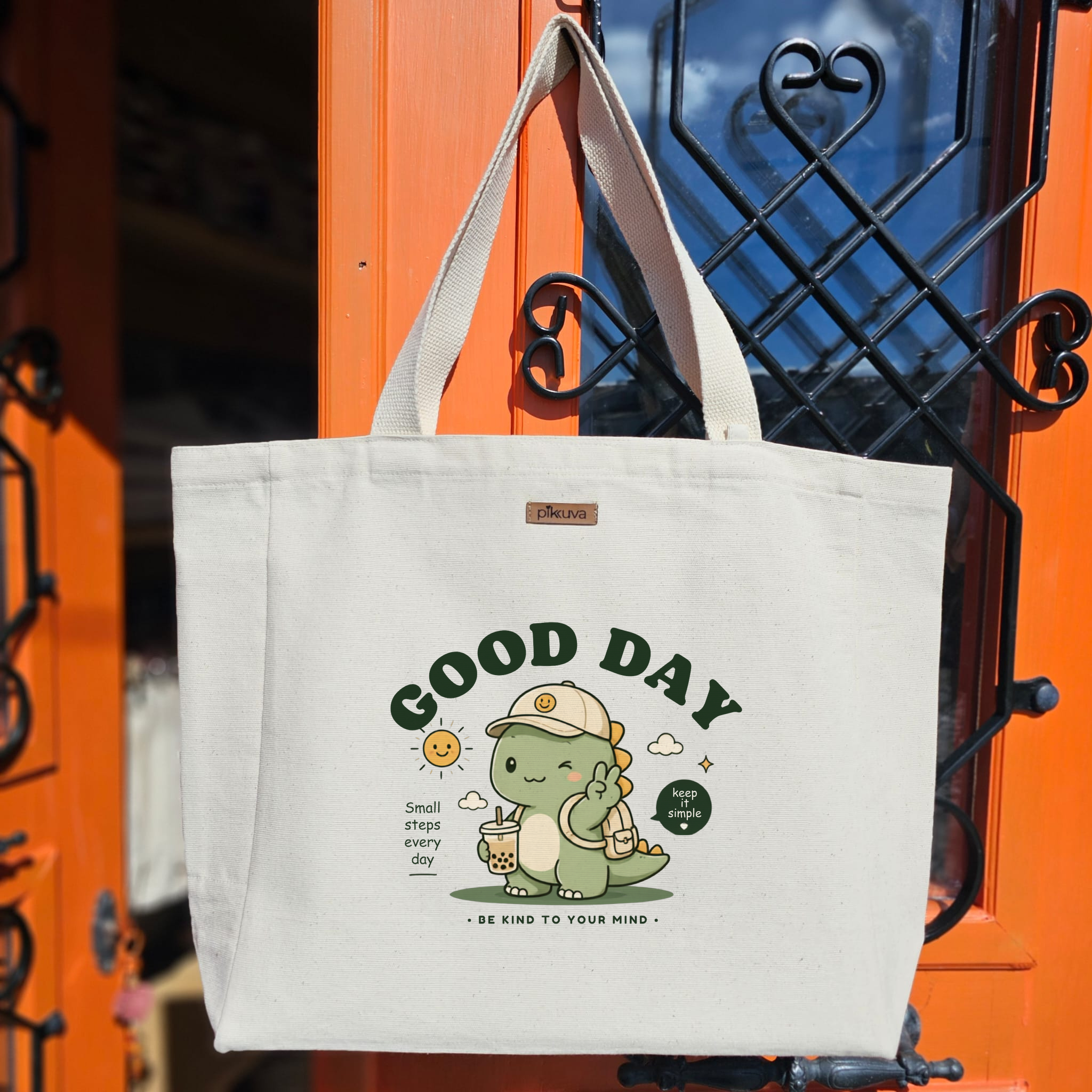 Natural Canvas Tote Bag, Natural Handle, White Velcro, Water Bottle Holder — 20x24