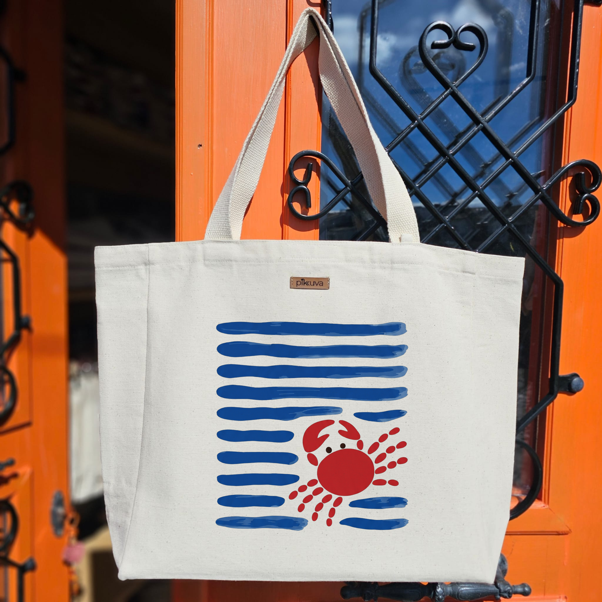 Natural Canvas Tote Bag, Natural Handle, White Velcro, Water Bottle Holder — 20x24