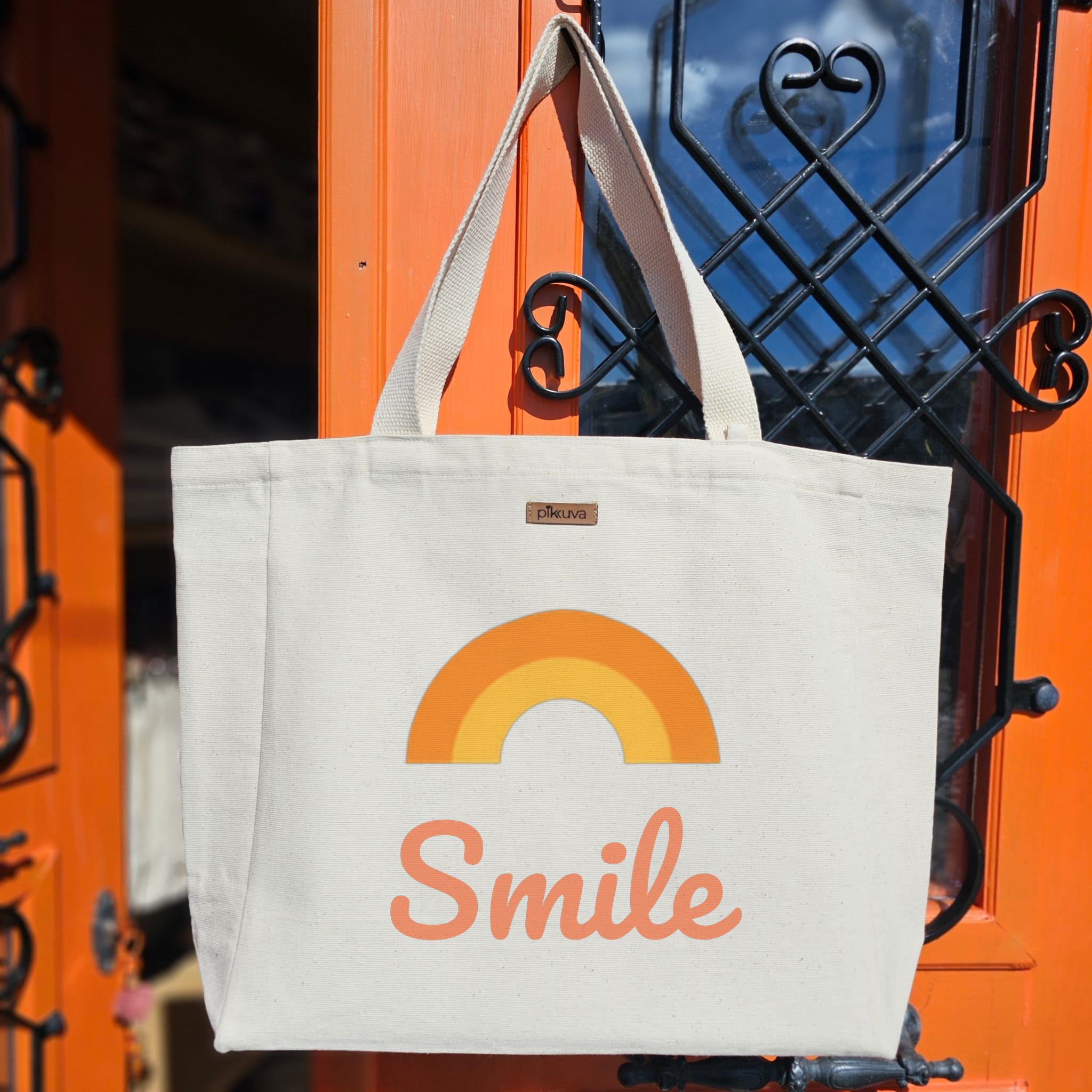 Natural Canvas Tote Bag, Natural Handle, White Velcro, Water Bottle Holder — 20x24
