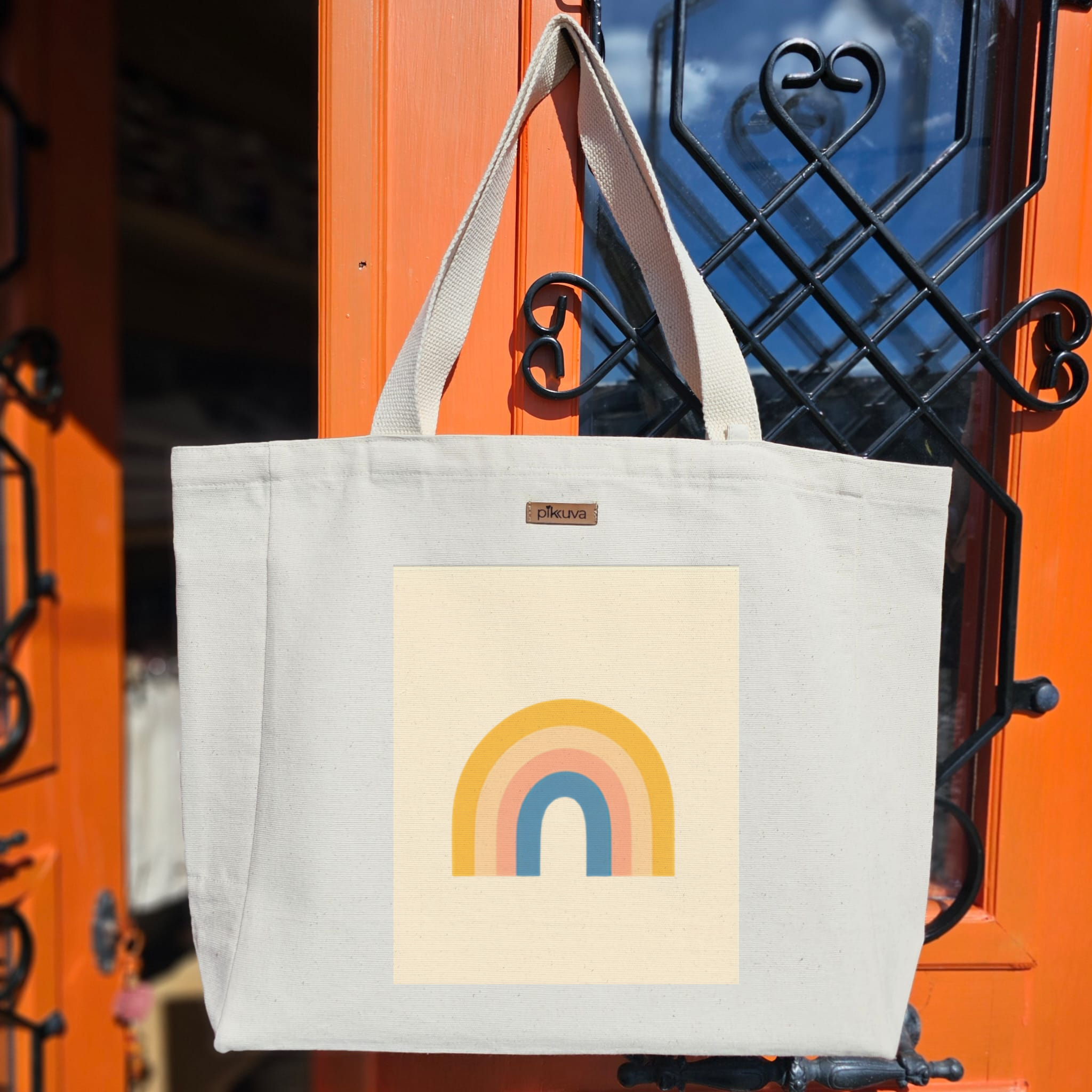 Natural Canvas Tote Bag, Natural Handle, White Velcro, Water Bottle Holder — 20x24