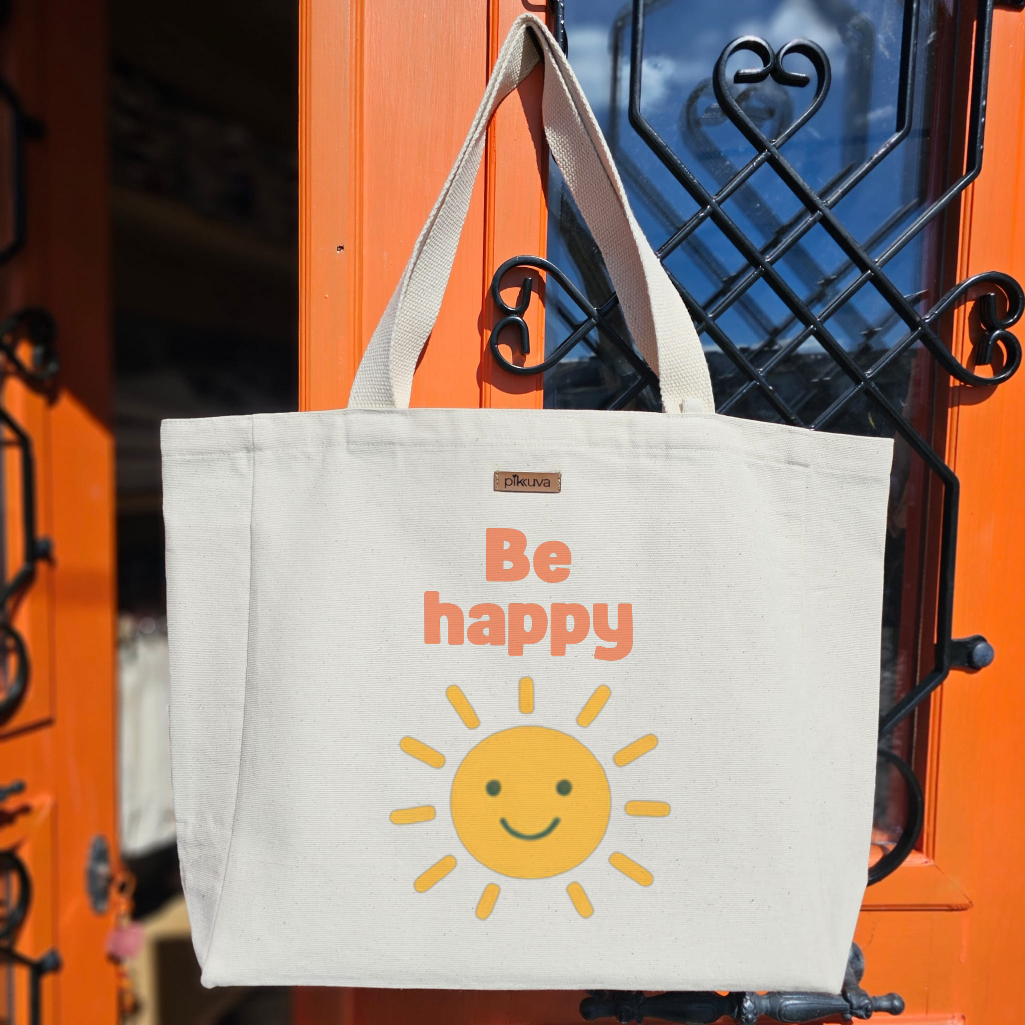 Güneşli Mutluluk Be happy Sarı Güneş ve teması Baskılıı Naturel Kanvas Bez Çanta Sap Beyaz Cırt Cırtlı Suluk Tutuculu — 20x24
