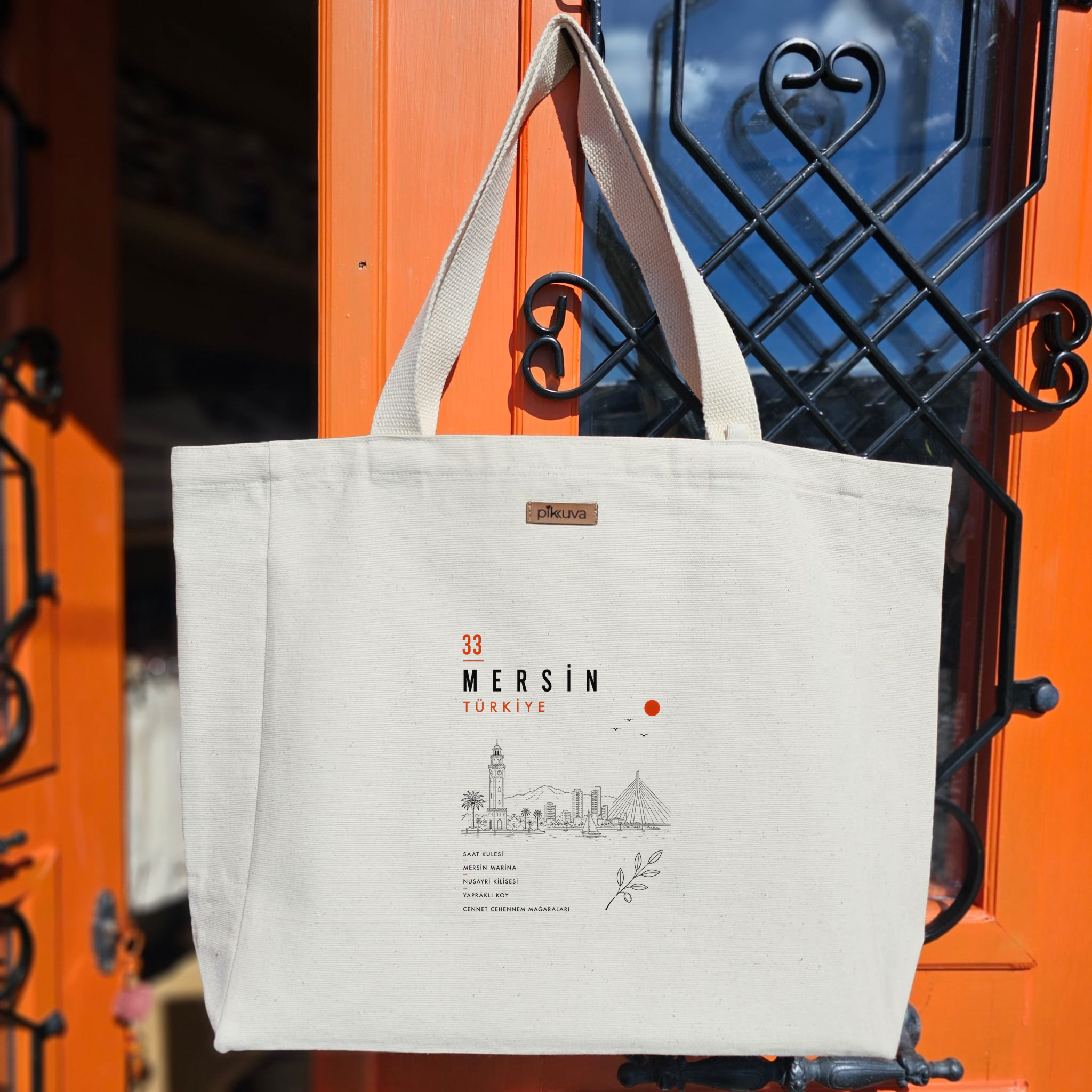 Natural Canvas Tote Bag, Natural Handle, White Velcro, Water Bottle Holder