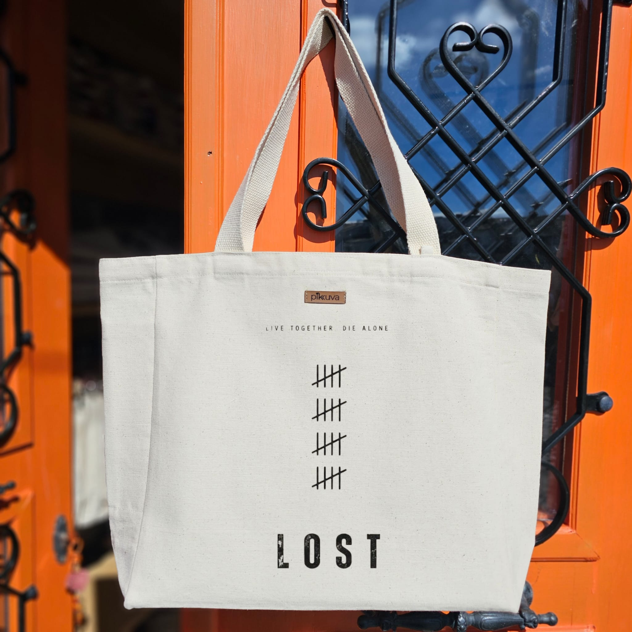 Natural Canvas Tote Bag, Natural Handle, White Velcro, Water Bottle Holder — 20x24
