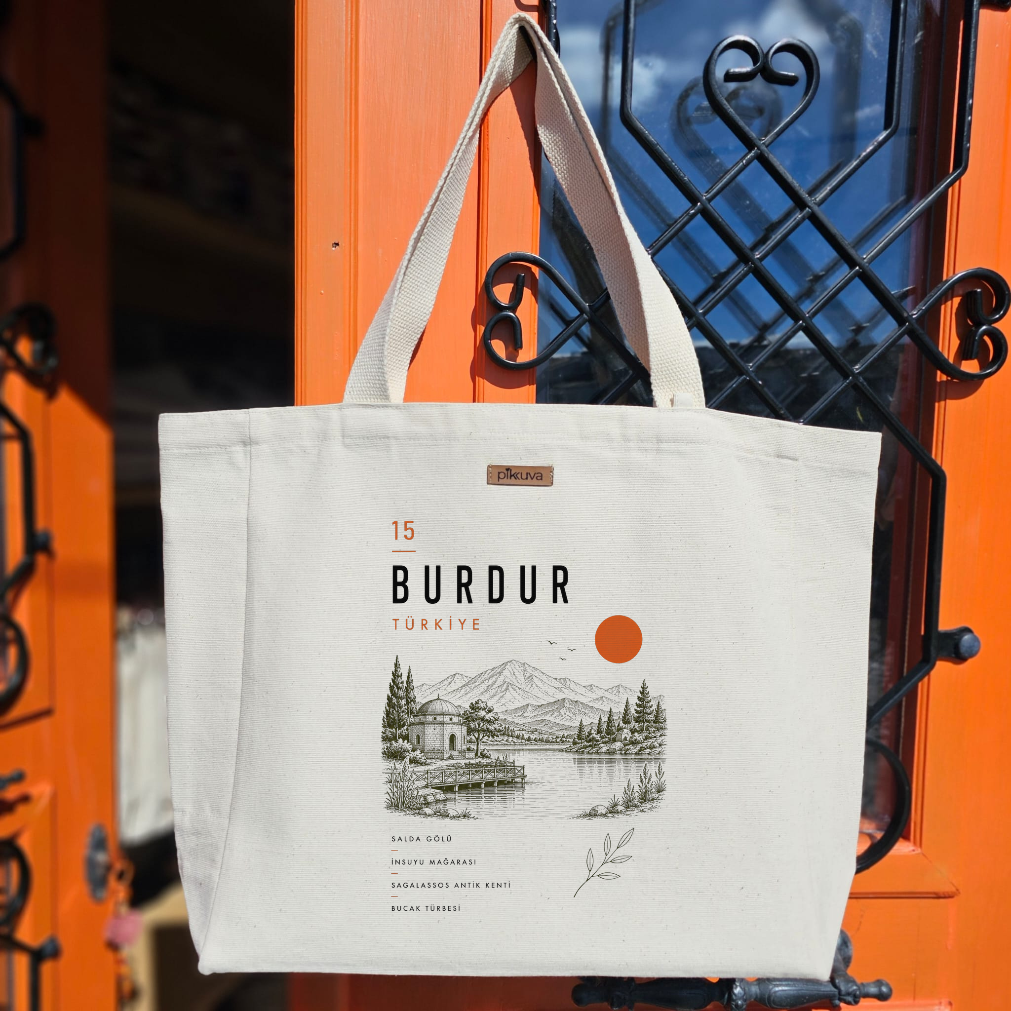 Natural Canvas Tote Bag, Natural Handle, White Velcro, Water Bottle Holder — 20x24