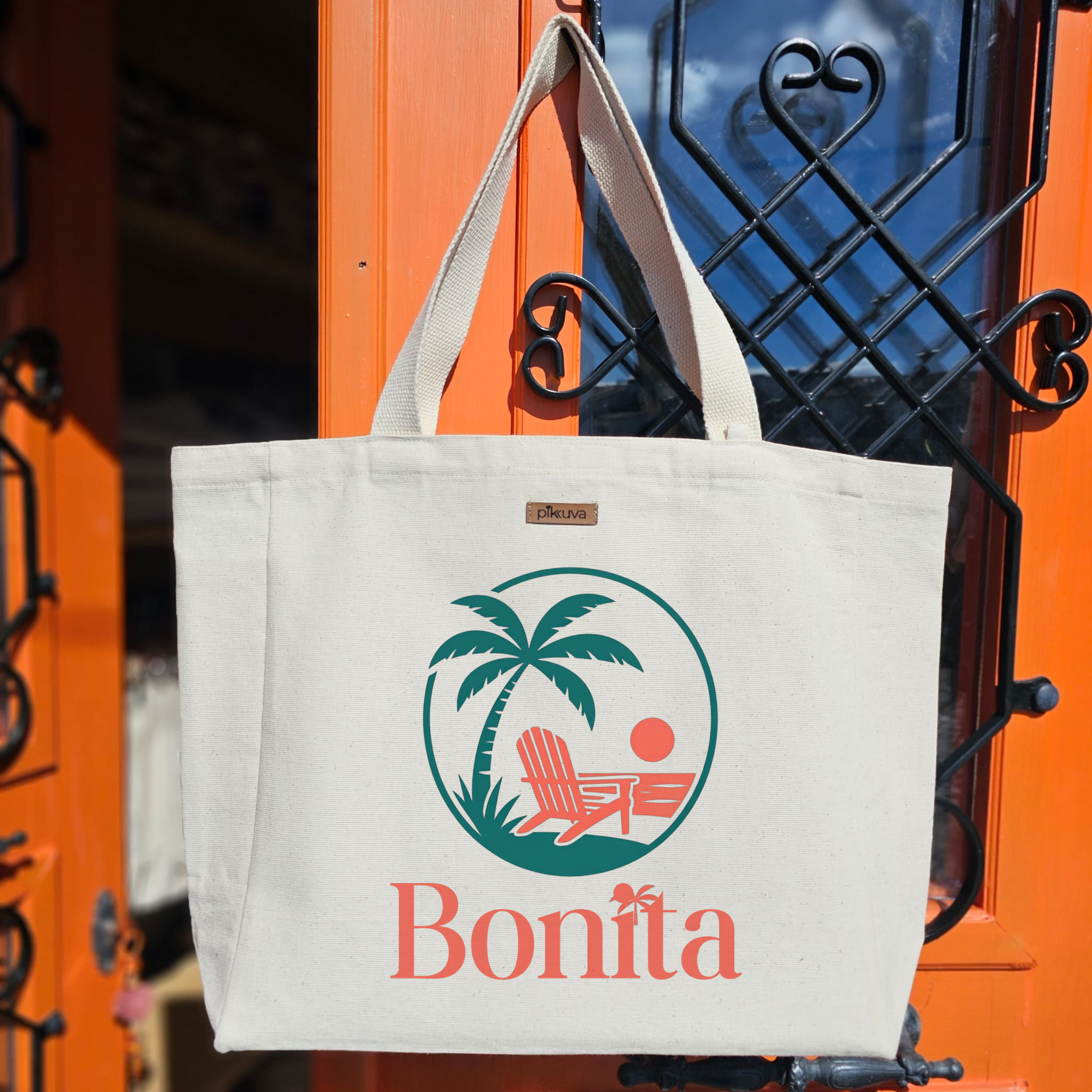 Natural Canvas Tote Bag, Natural Handle, White Velcro, Water Bottle Holder — 20x24