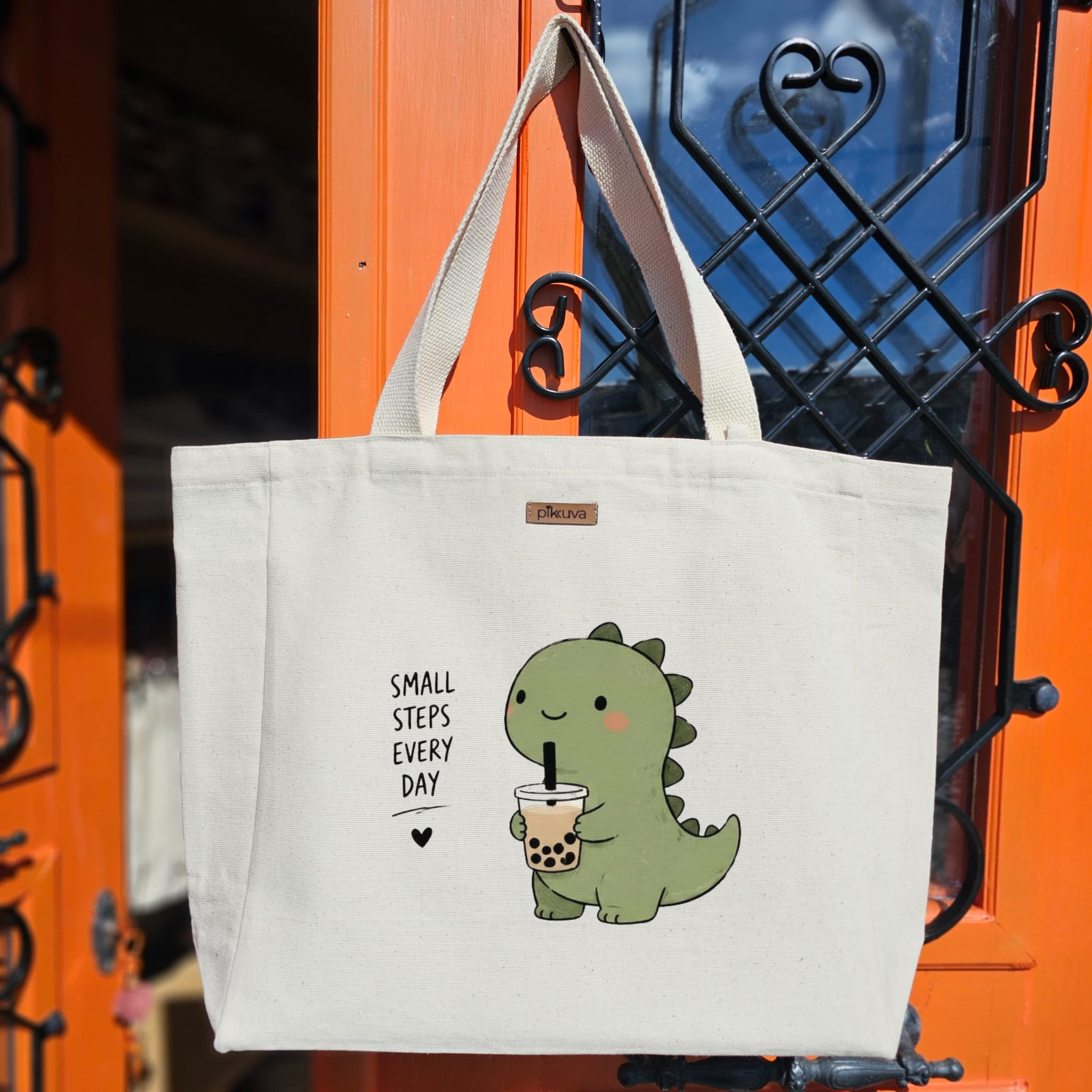 Natural Canvas Tote Bag, Natural Handle, White Velcro, Water Bottle Holder — 20x24