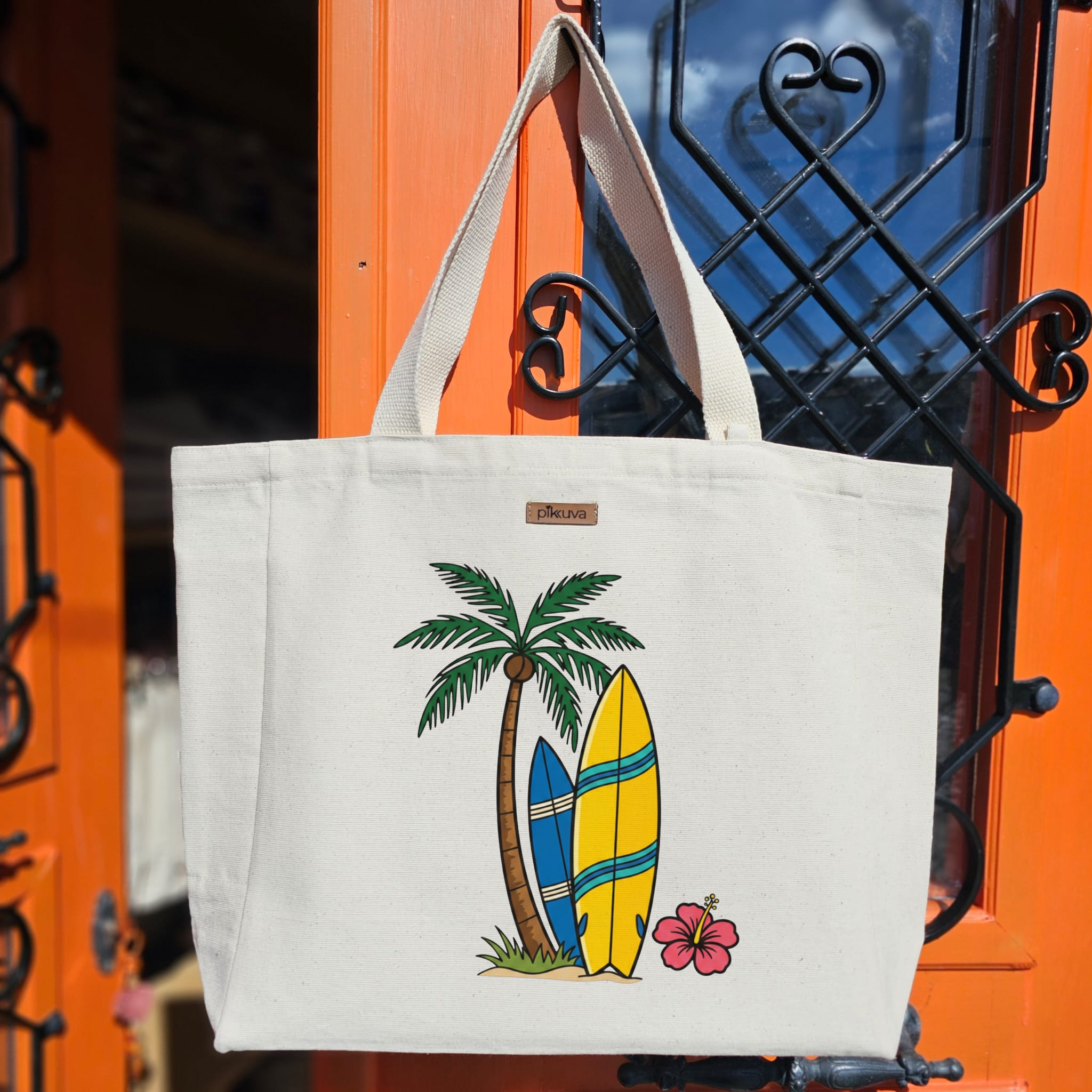 Natural Canvas Tote Bag, Natural Handle, White Velcro, Water Bottle Holder — 20x24