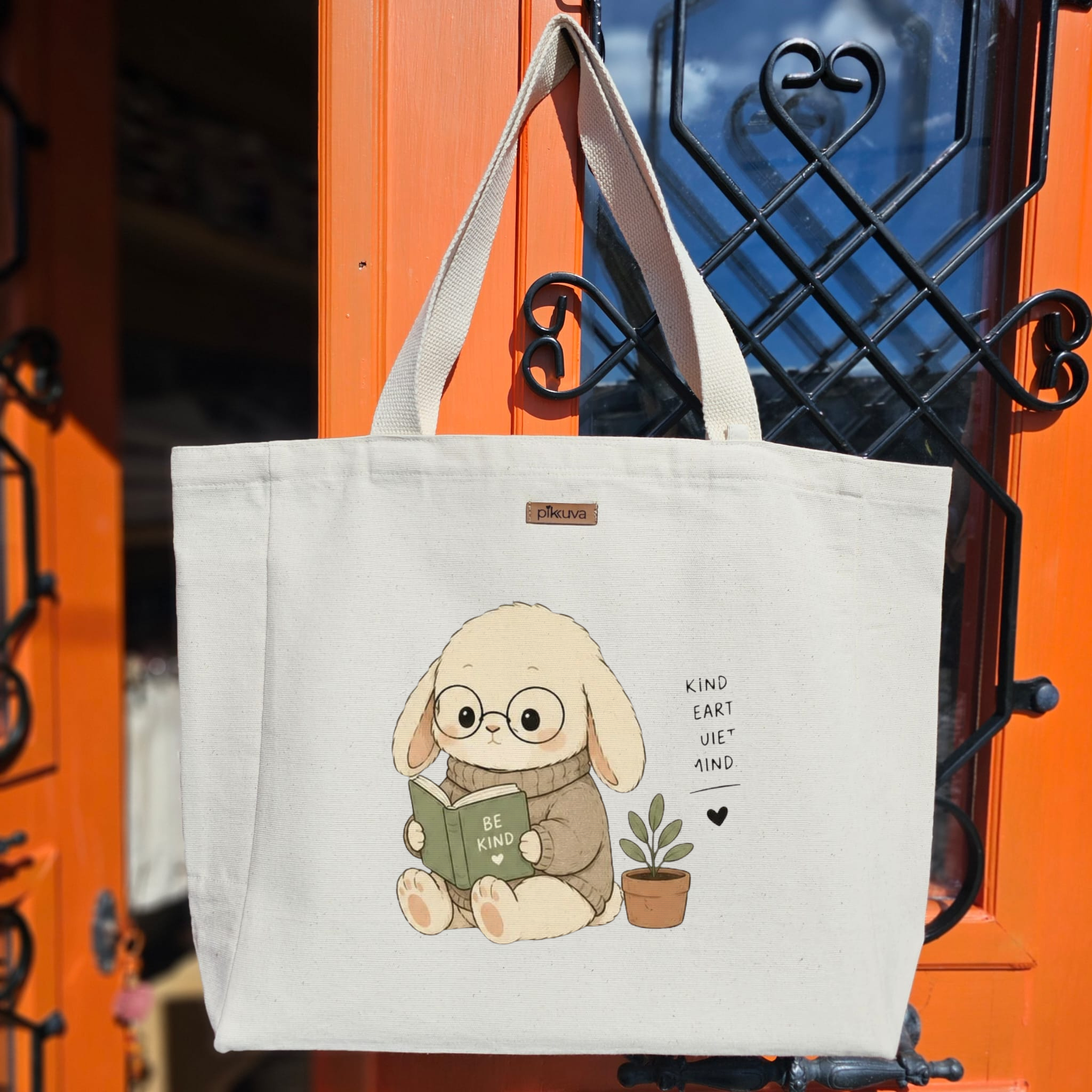 Natural Canvas Tote Bag, Natural Handle, White Velcro, Water Bottle Holder — 20x24