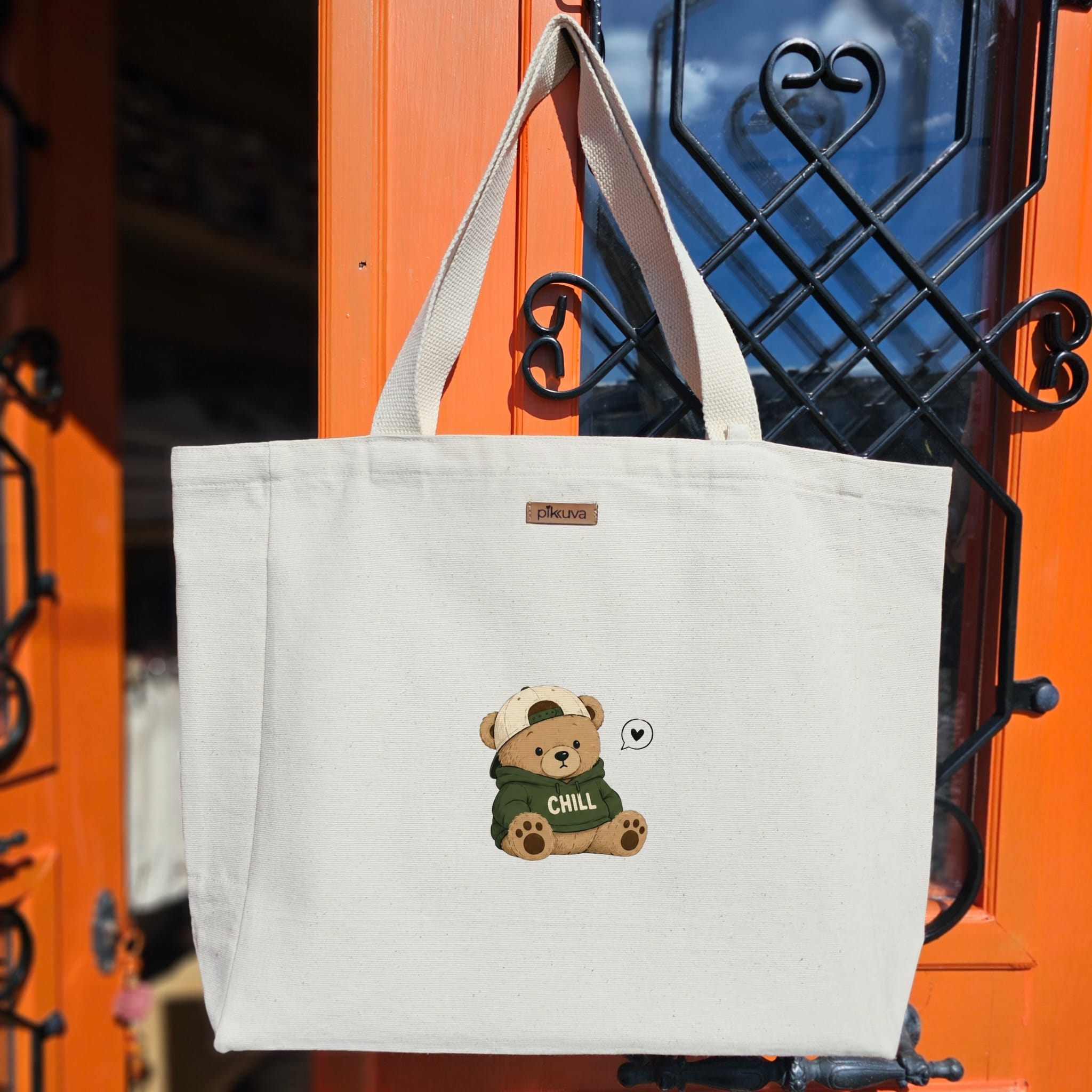 Natural Canvas Tote Bag, Natural Handle, White Velcro, Water Bottle Holder