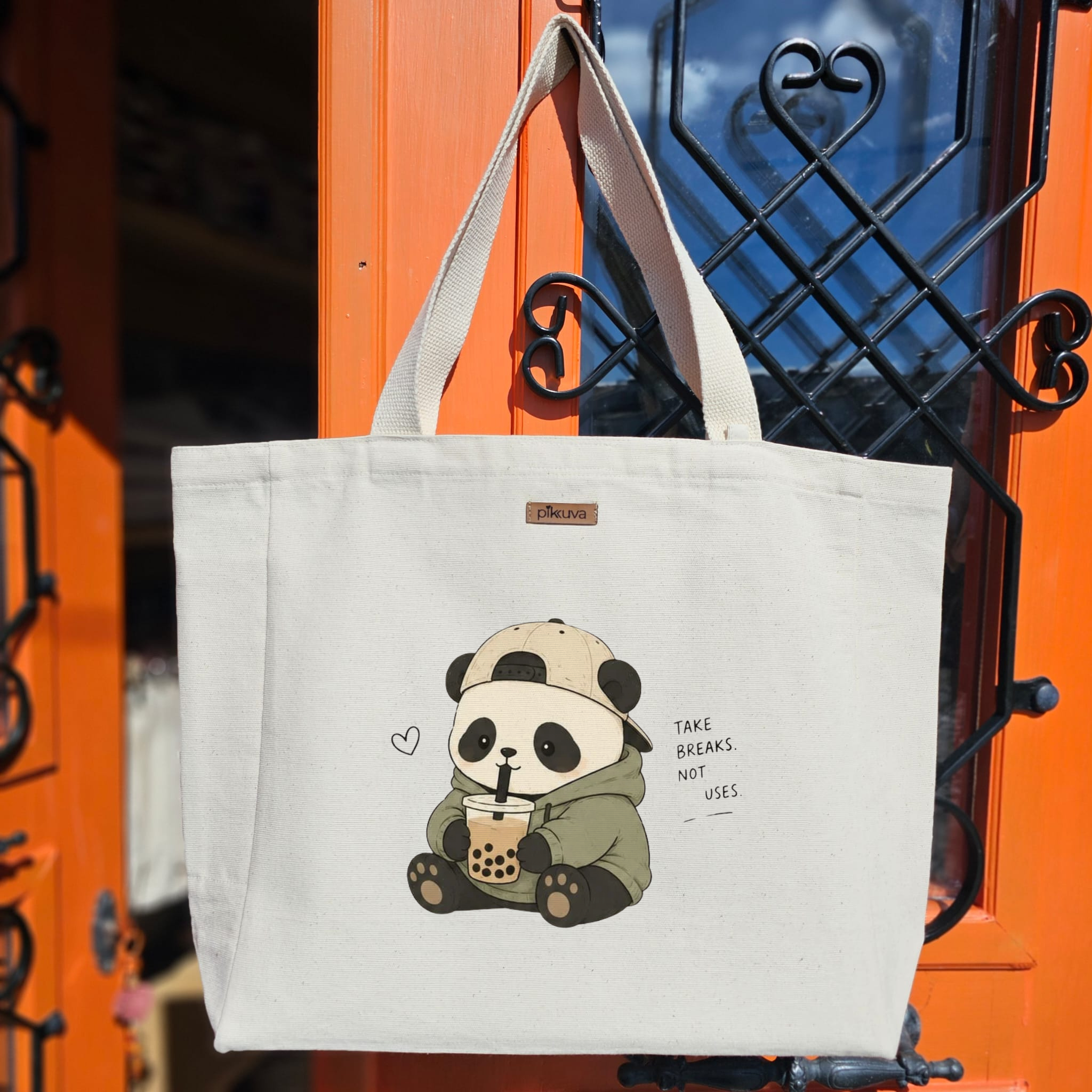 Dinlendirici Panda Tasarımı Dinlenmek önemlidir Baskılıı Naturel Kanvas Bez Çanta Sap Beyaz Cırt Cırtlı Suluk Tutuculu — 20x24