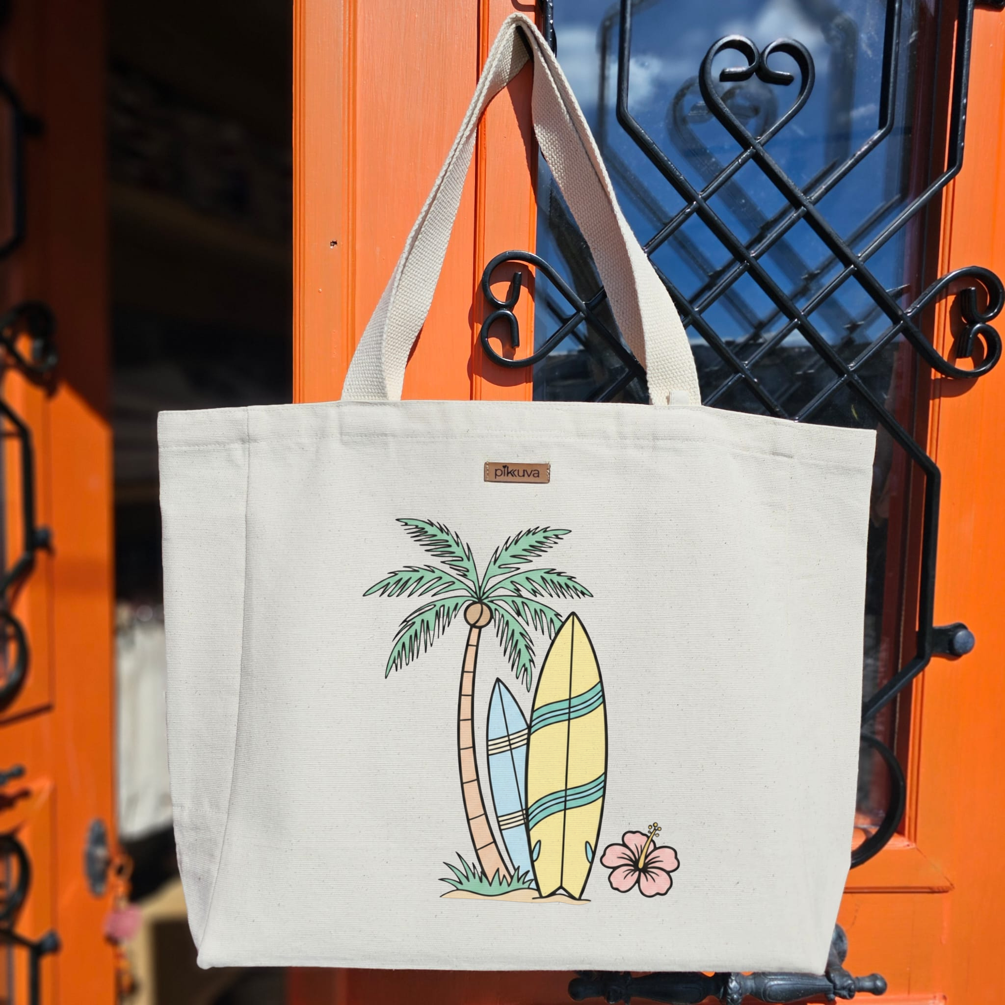 Natural Canvas Tote Bag, Natural Handle, White Velcro, Water Bottle Holder — 20x24
