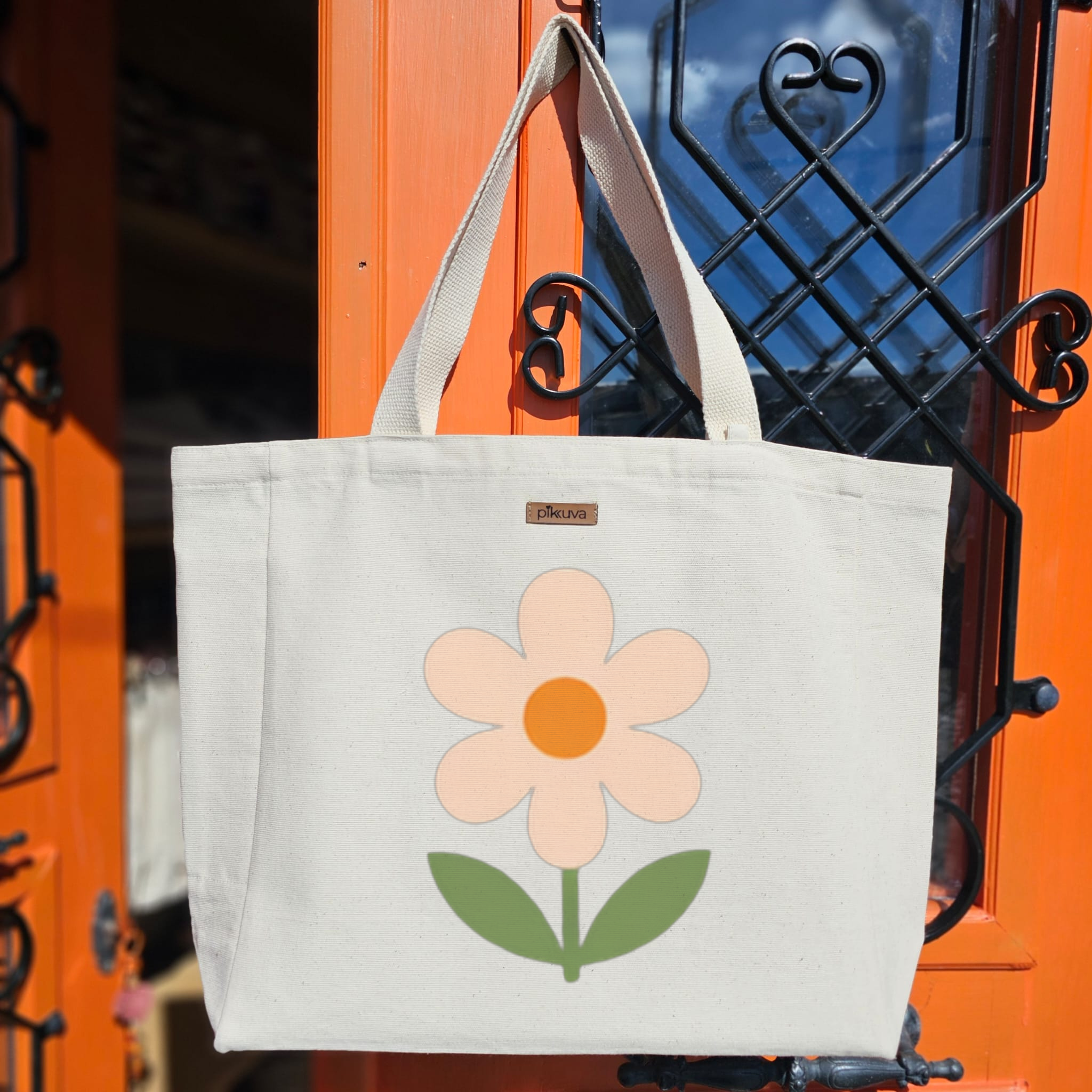 Şirin Papatya Deseni Cute Daisy Pattern Baskılıı Naturel Kanvas Bez Çanta Sap Beyaz Cırt Cırtlı Suluk Tutuculu — 20x24