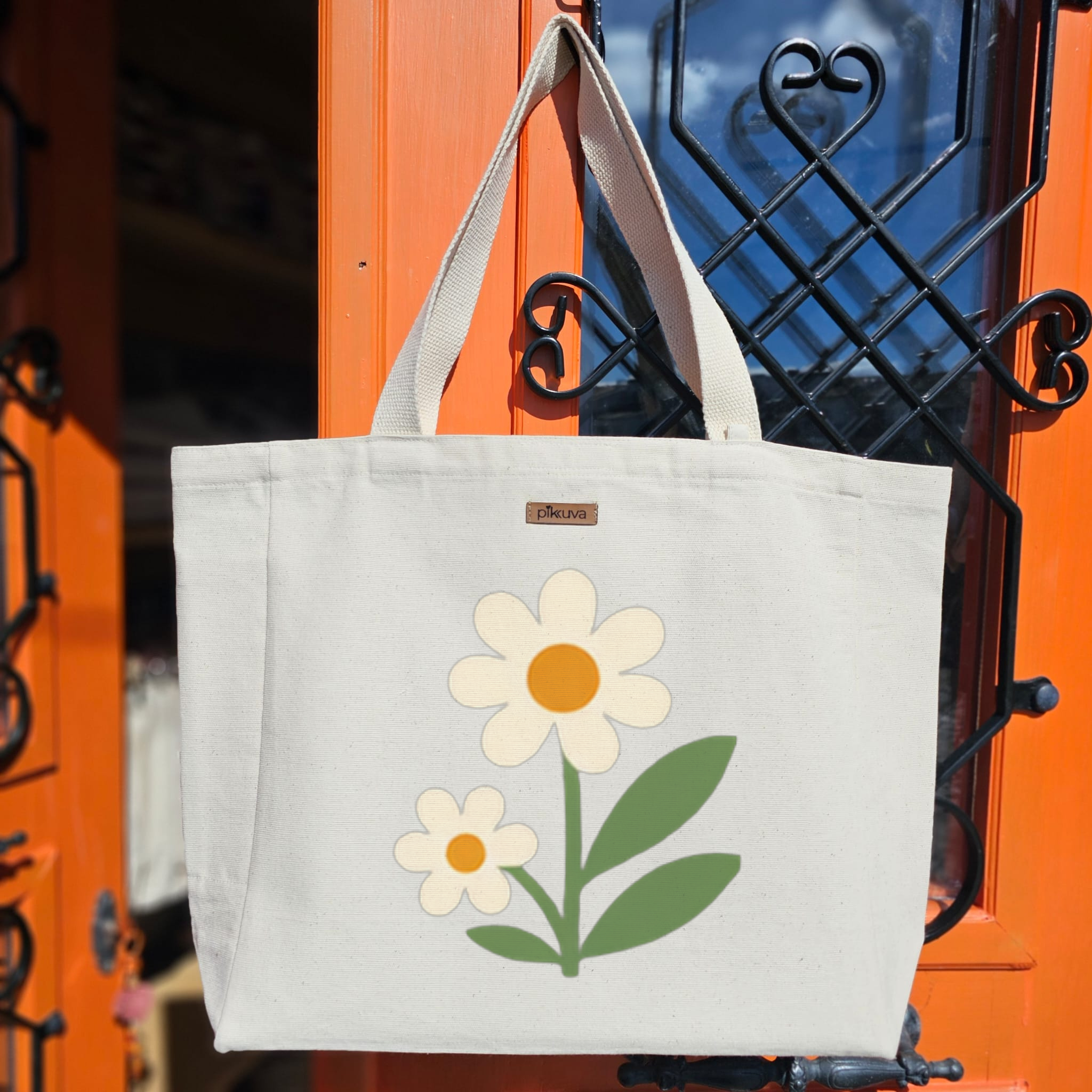 Natural Canvas Tote Bag, Natural Handle, White Velcro, Water Bottle Holder — 20x24