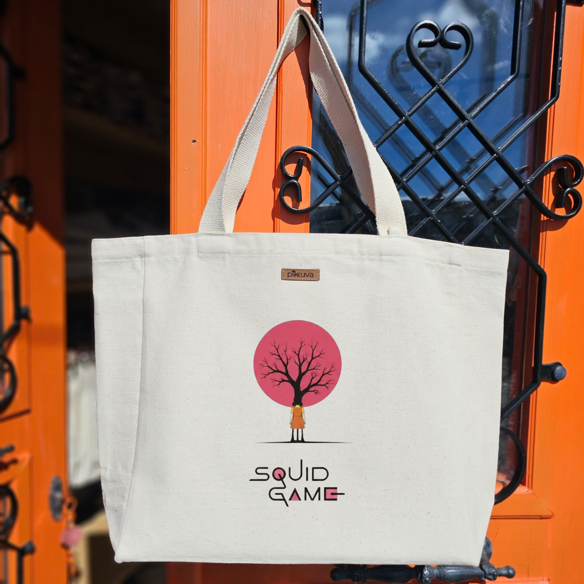 Natural Canvas Tote Bag, Natural Handle, White Velcro, Water Bottle Holder — 12x20