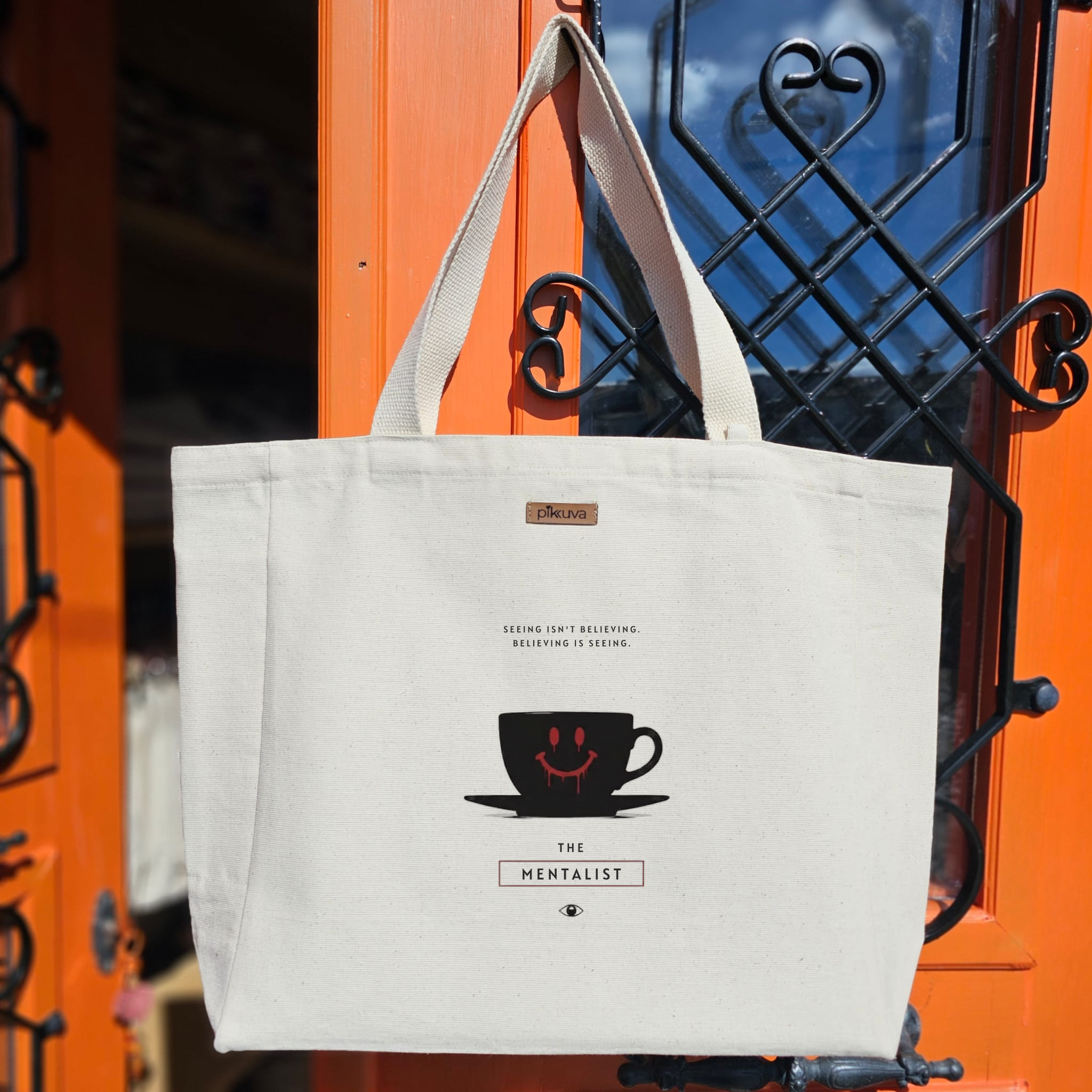Natural Canvas Tote Bag, Natural Handle, White Velcro, Water Bottle Holder — 12x20