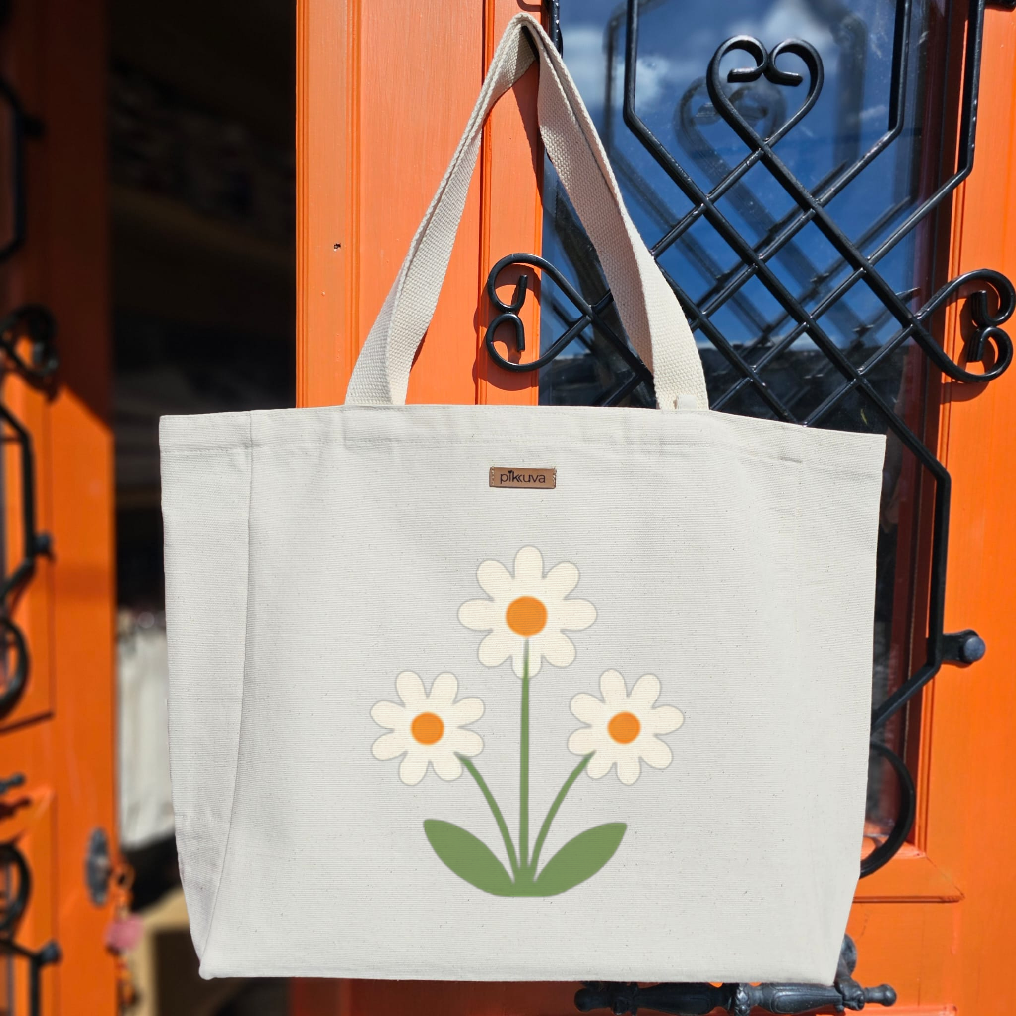 Natural Canvas Tote Bag, Natural Handle, White Velcro, Water Bottle Holder — 20x24