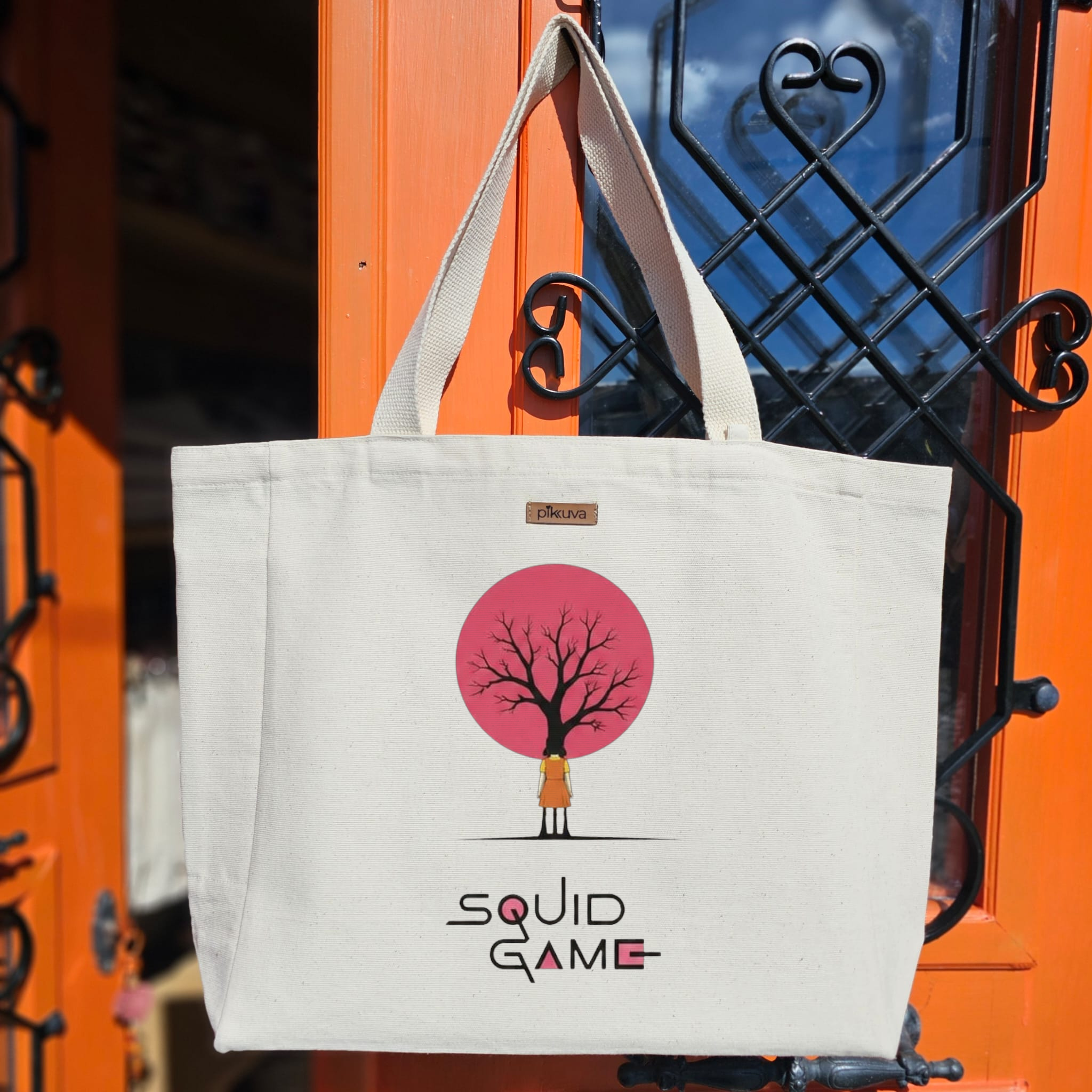 Natural Canvas Tote Bag, Natural Handle, White Velcro, Water Bottle Holder — 20x24