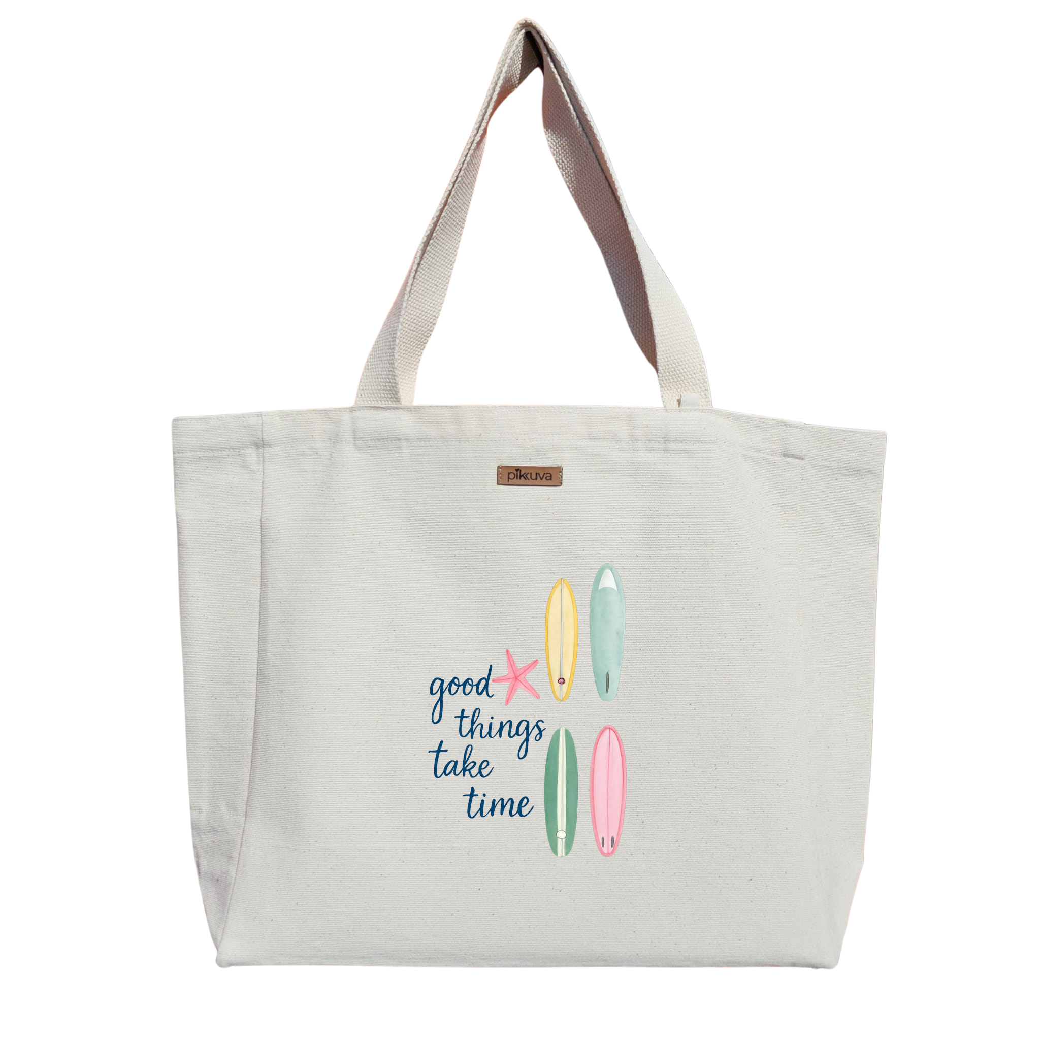 Natural Canvas Tote Bag, Natural Handle, White Velcro, Water Bottle Holder — 12x20