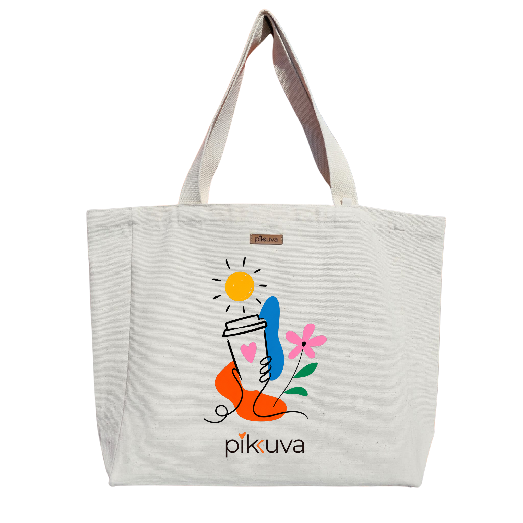 Natural Canvas Tote Bag, Natural Handle, White Velcro, Water Bottle Holder — 20x24