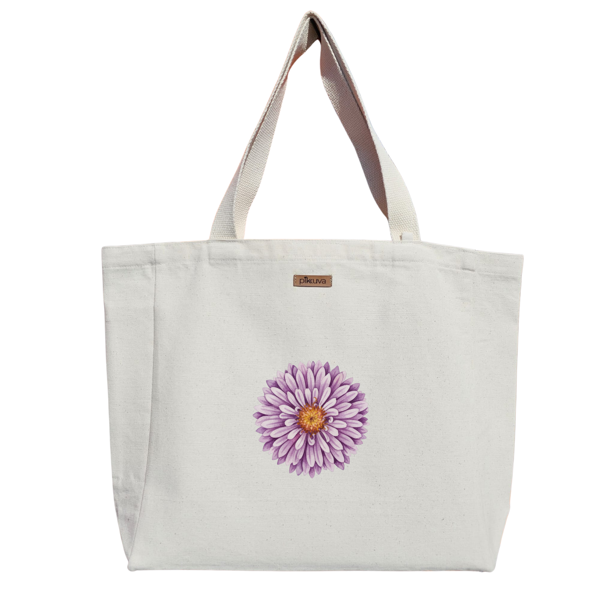 Mor Çiçek Detayı Flower Detail Baskılı Naturel Kanvas Bez Çanta Sap Beyaz Cırt Cırtlı Suluk Tutuculu — 12x20