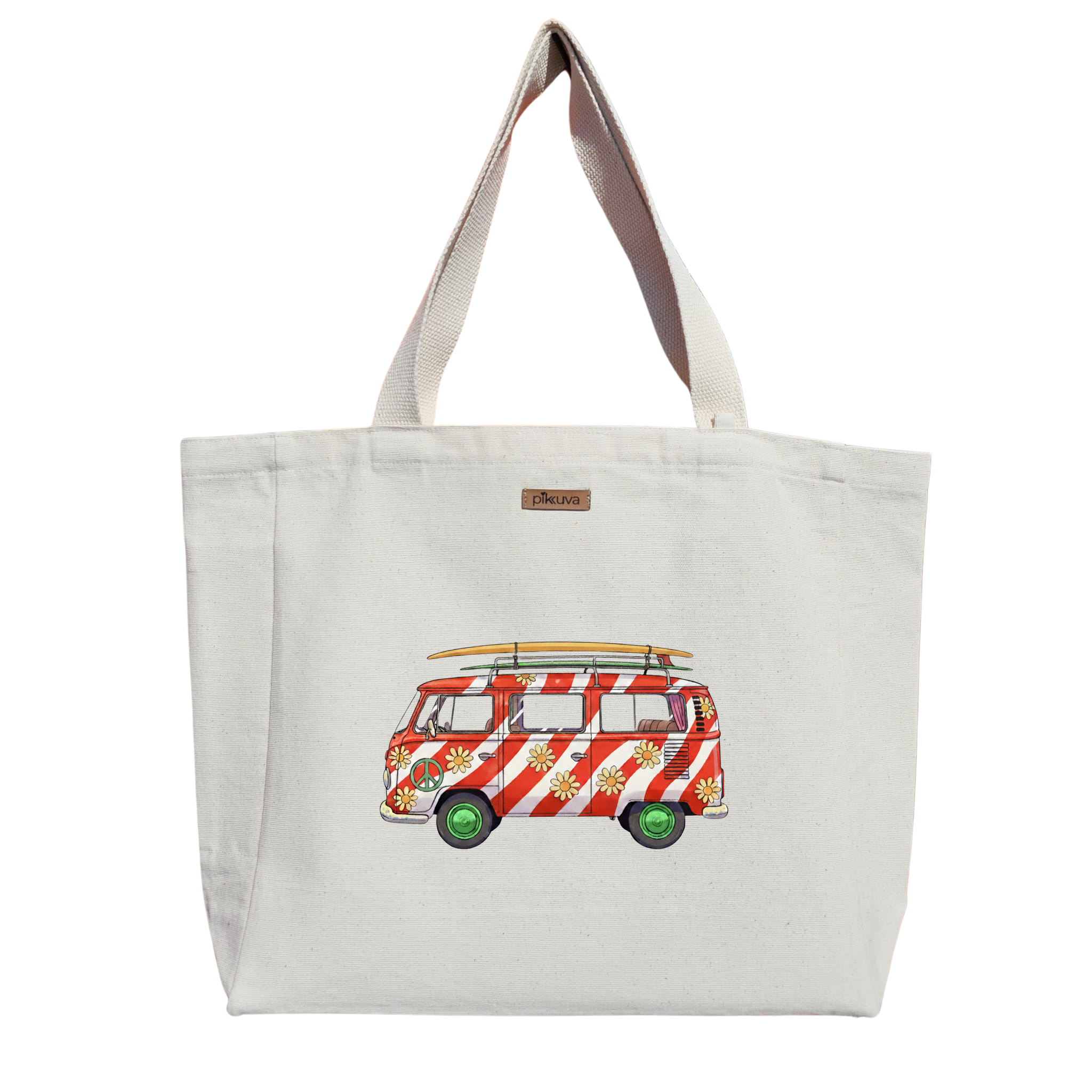 Natural Canvas Tote Bag, Natural Handle, White Velcro, Water Bottle Holder — 20x12