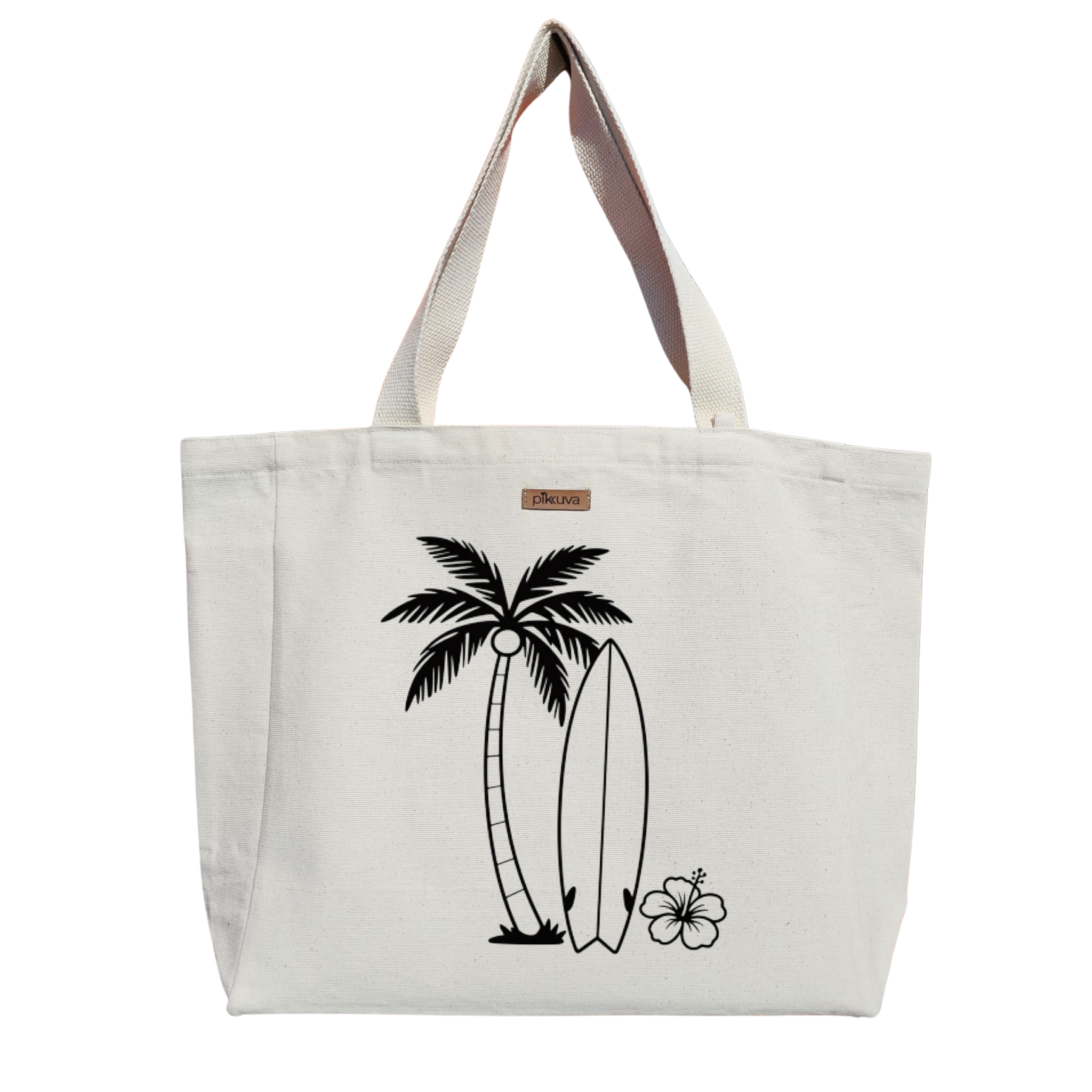 Natural Canvas Tote Bag, Natural Handle, White Velcro, Water Bottle Holder — 20x24