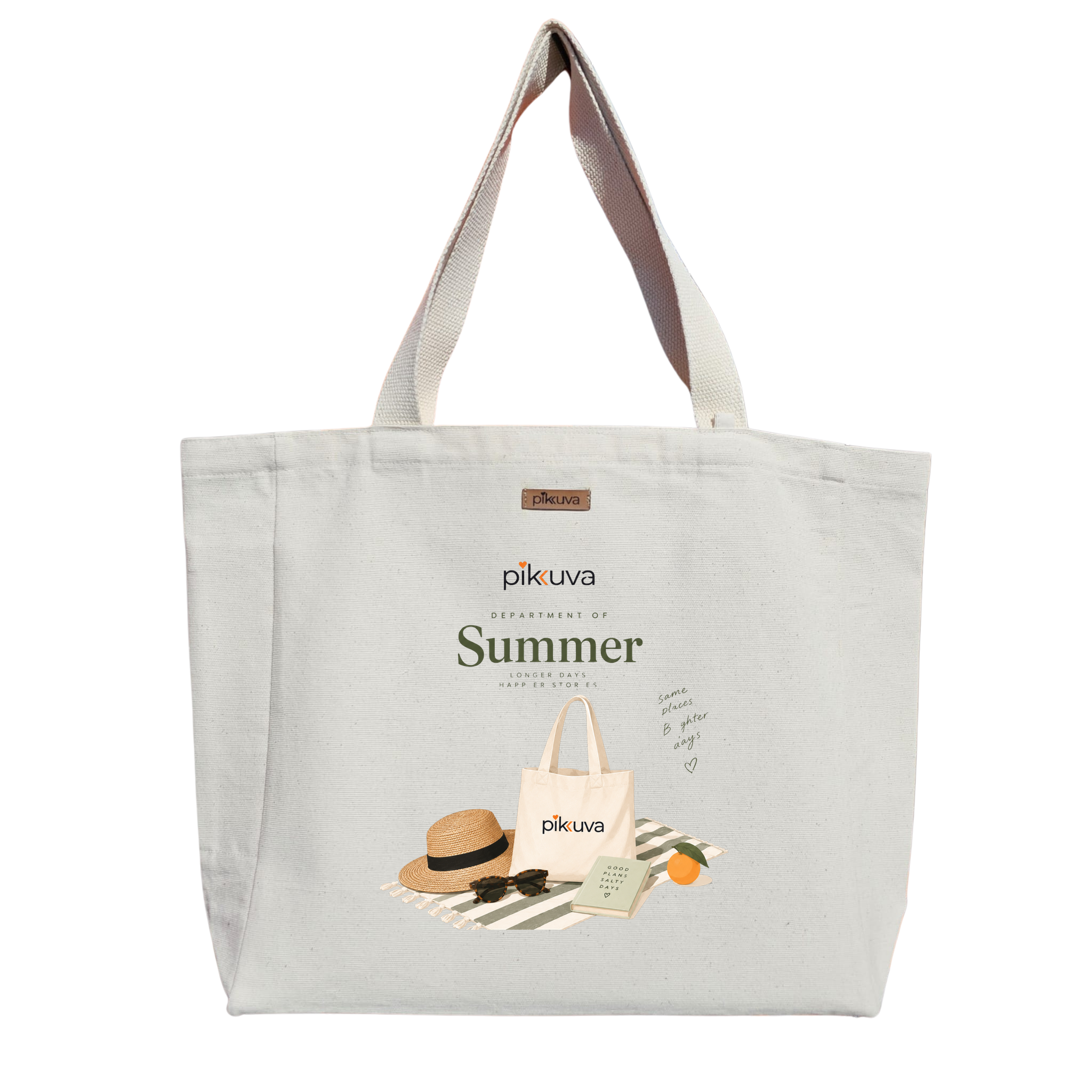 Natural Canvas Tote Bag, Natural Handle, White Velcro, Water Bottle Holder — 20x24