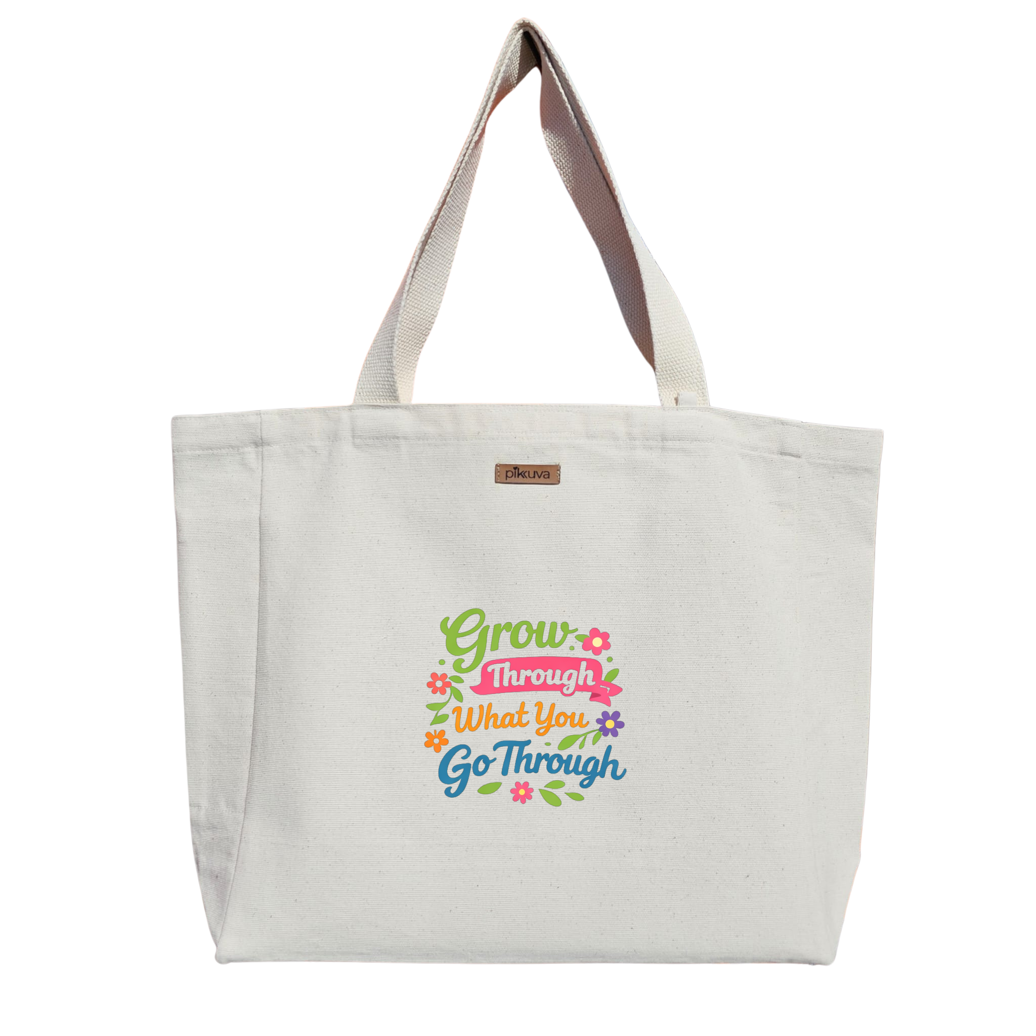 Natural Canvas Tote Bag, Natural Handle, White Velcro, Water Bottle Holder