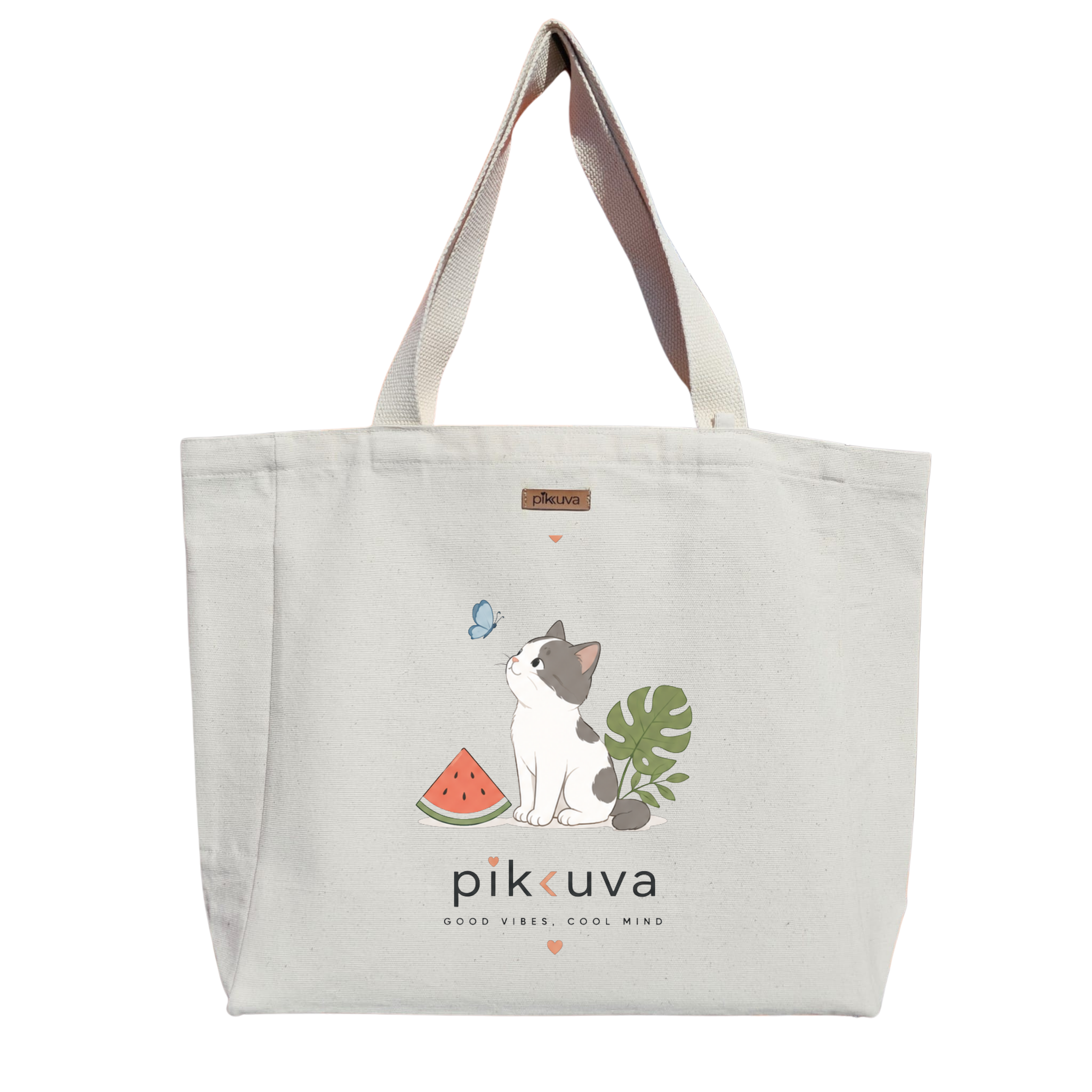 Natural Canvas Tote Bag, Natural Handle, White Velcro, Water Bottle Holder — 20x24