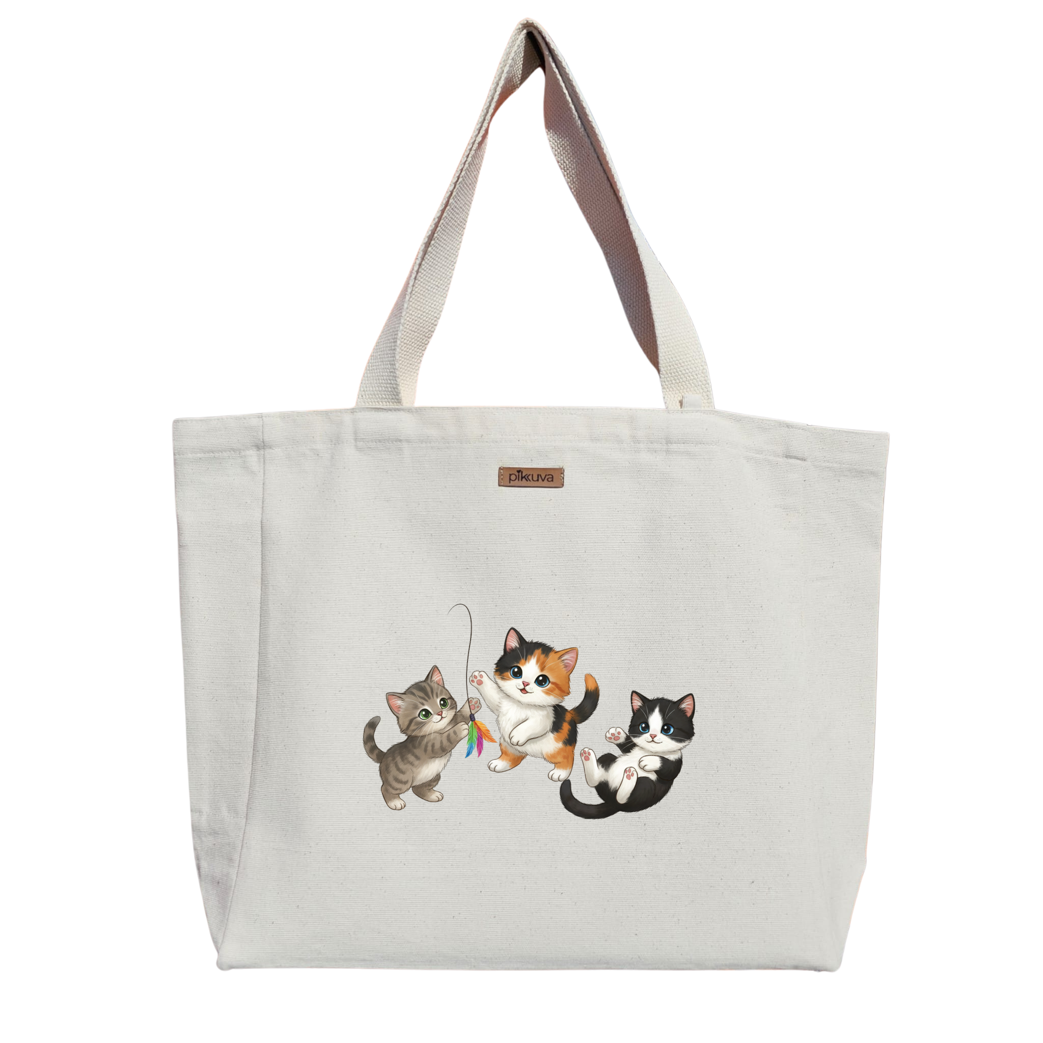 Natural Canvas Tote Bag, Natural Handle, White Velcro, Water Bottle Holder — 20x24
