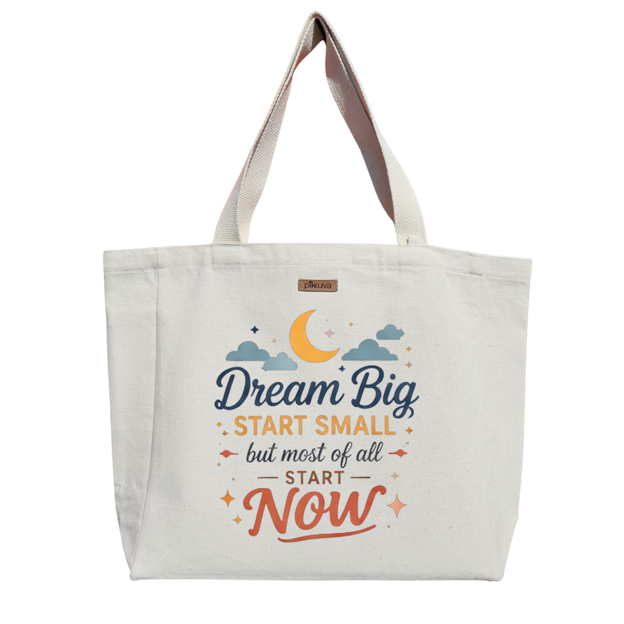 Natural Canvas Tote Bag, Natural Handle, White Velcro, Water Bottle Holder