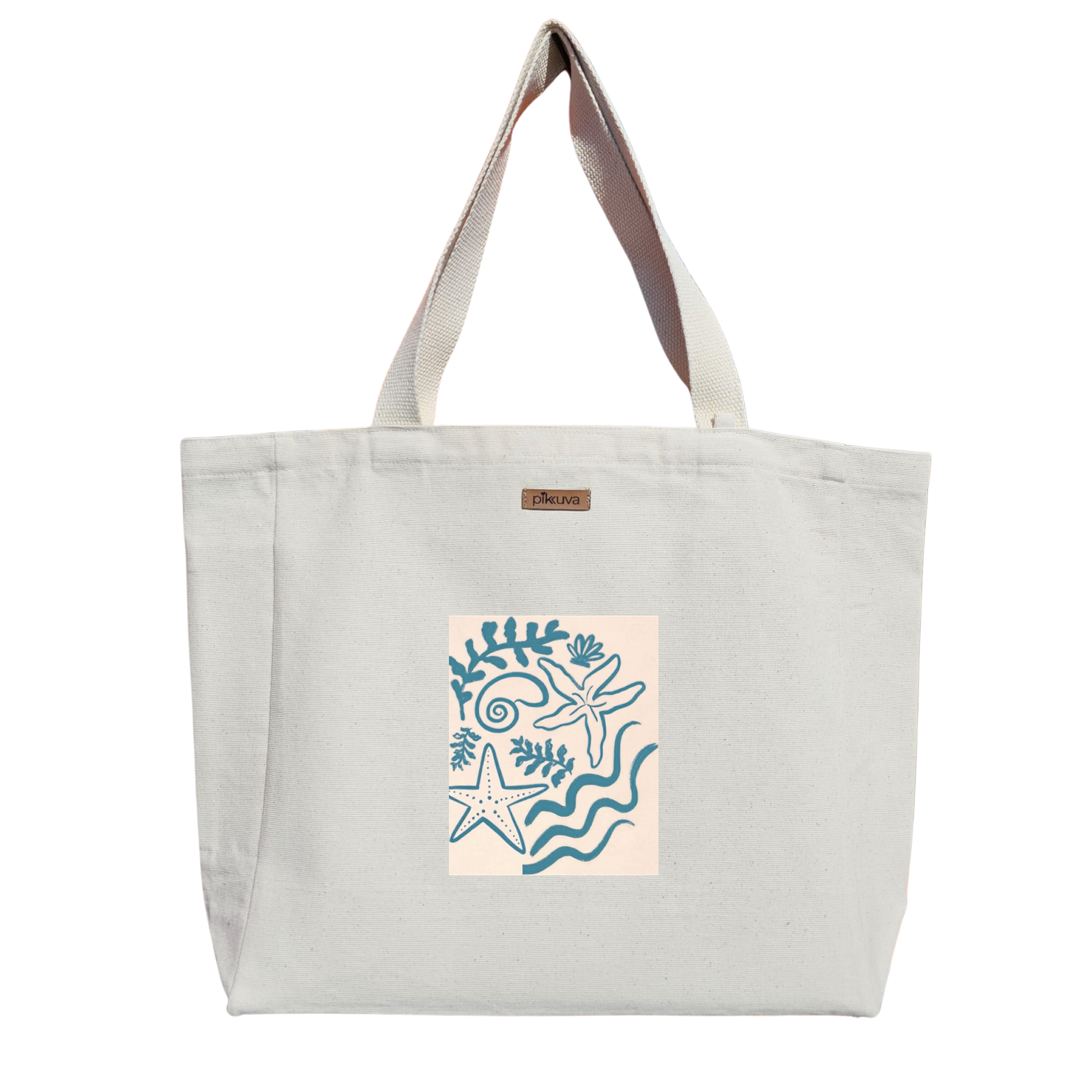 Natural Canvas Tote Bag, Natural Handle, White Velcro, Water Bottle Holder — 12x20