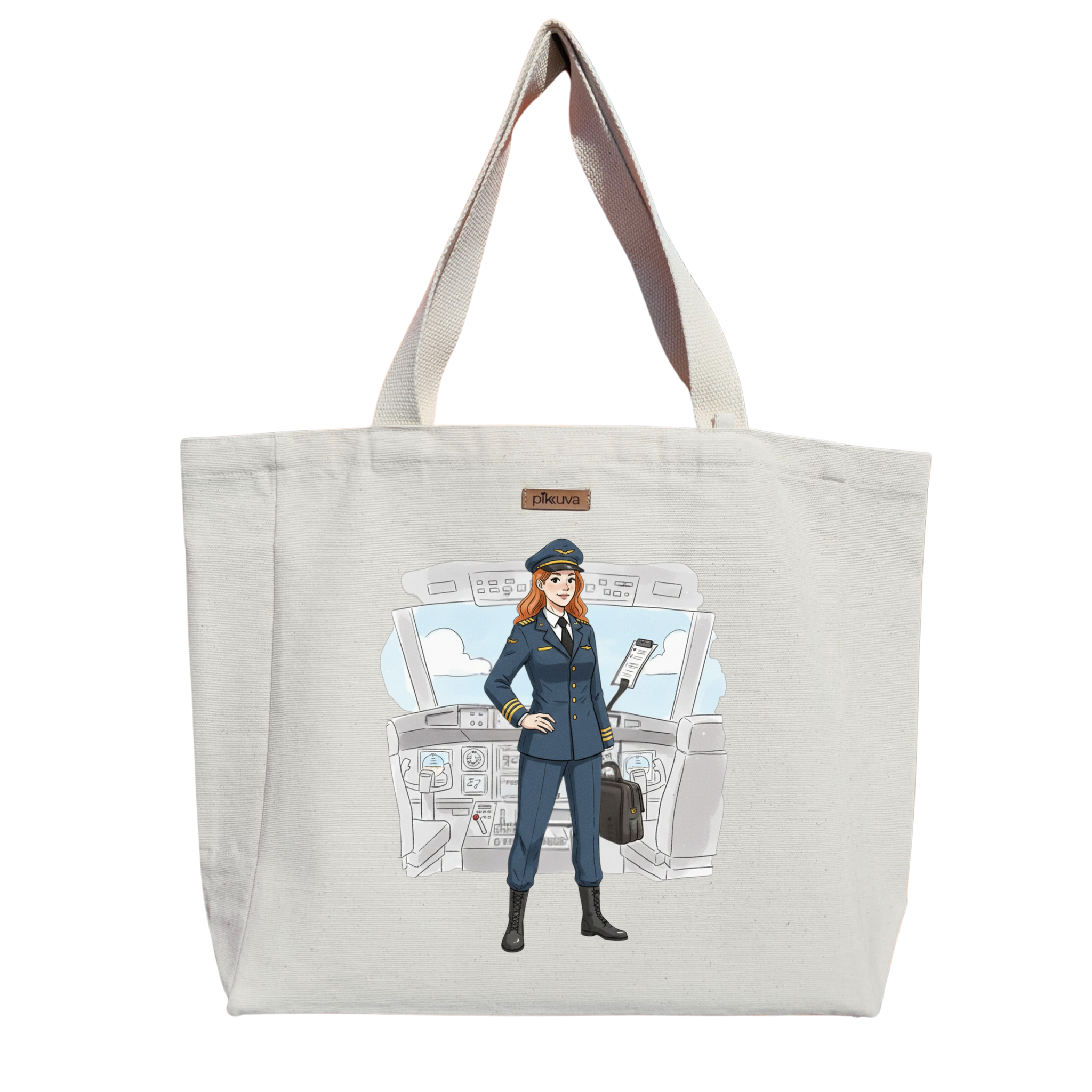 Natural Canvas Tote Bag, Natural Handle, White Velcro, Water Bottle Holder — 20x24