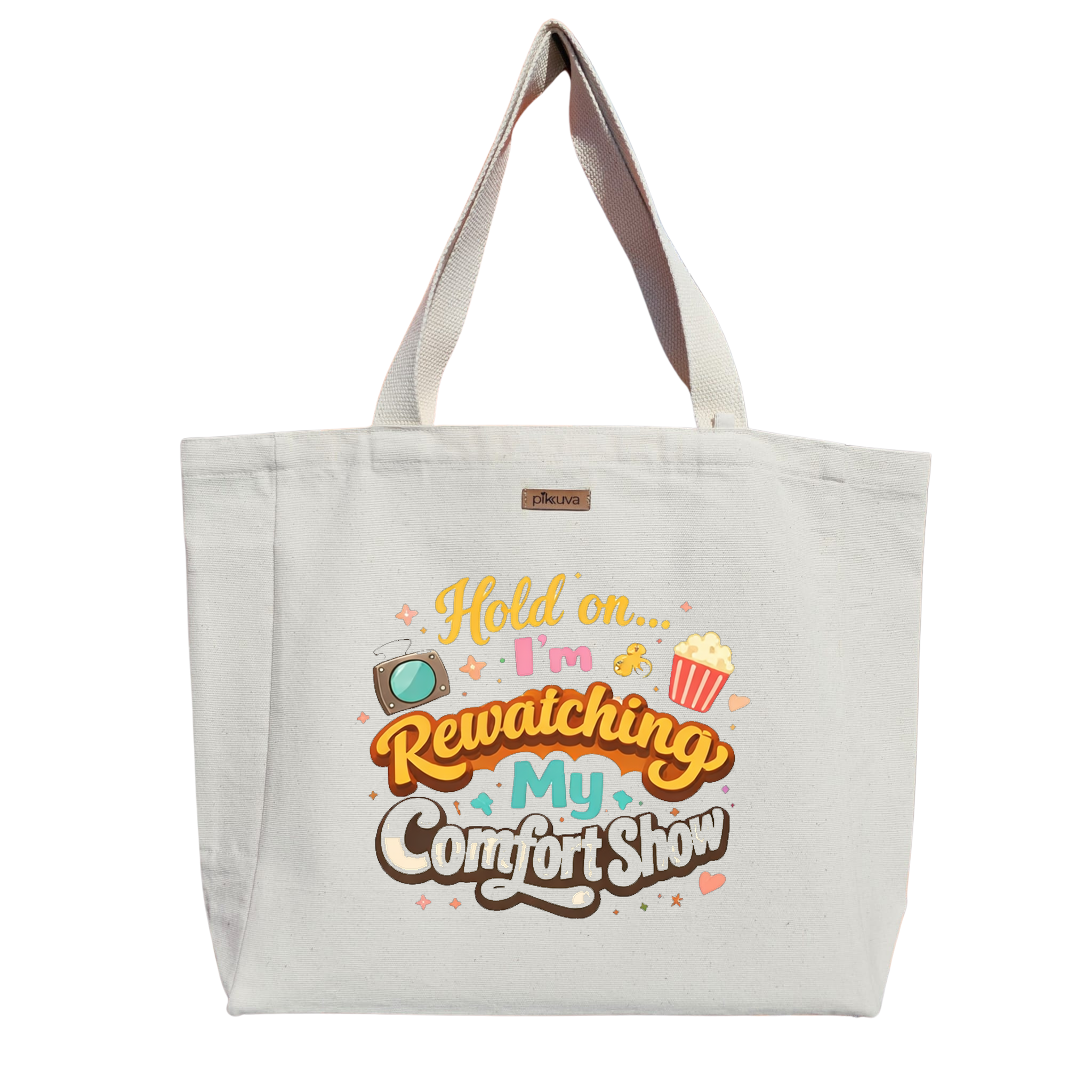 Natural Canvas Tote Bag, Natural Handle, White Velcro, Water Bottle Holder — 24x20