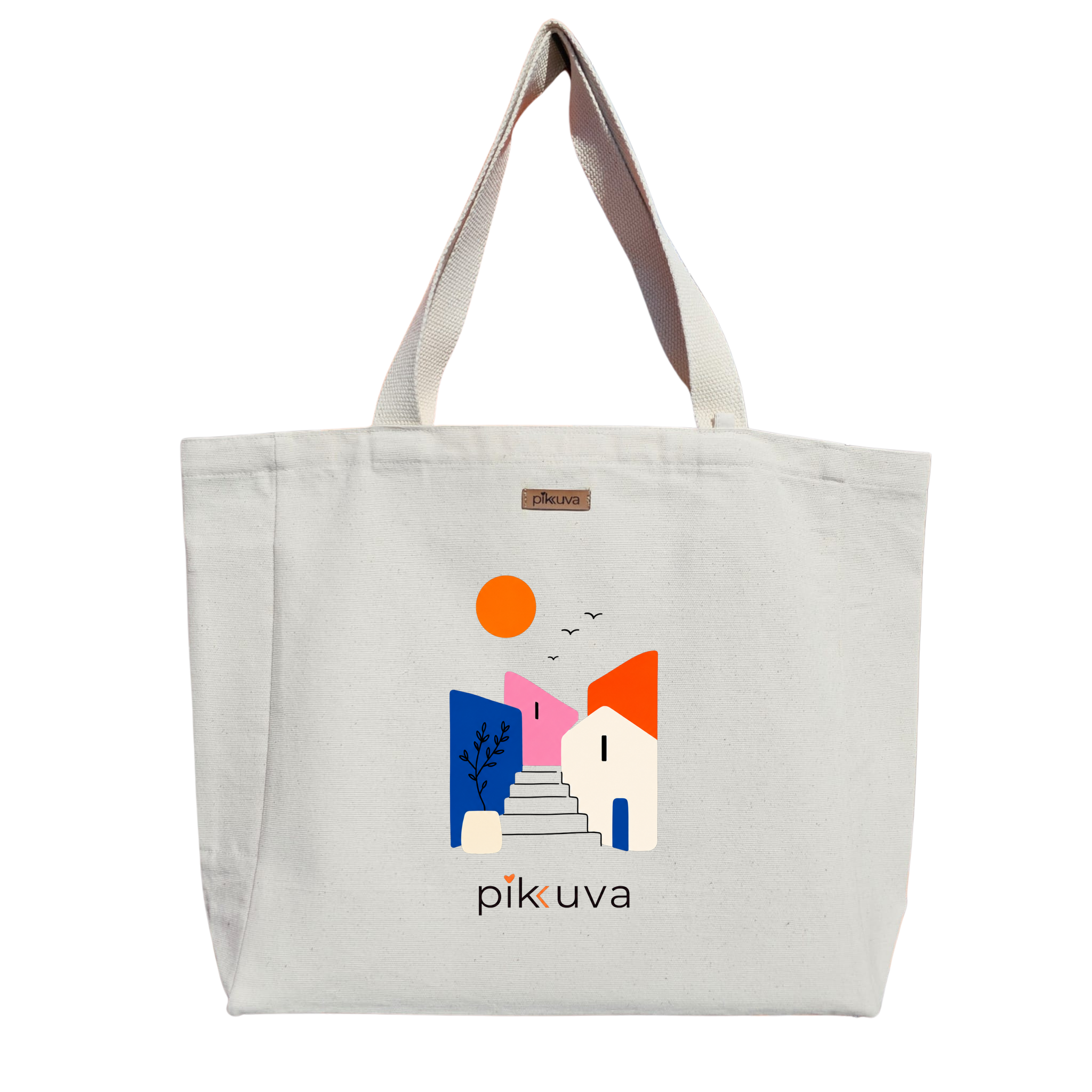 Natural Canvas Tote Bag, Natural Handle, White Velcro, Water Bottle Holder — 12x20
