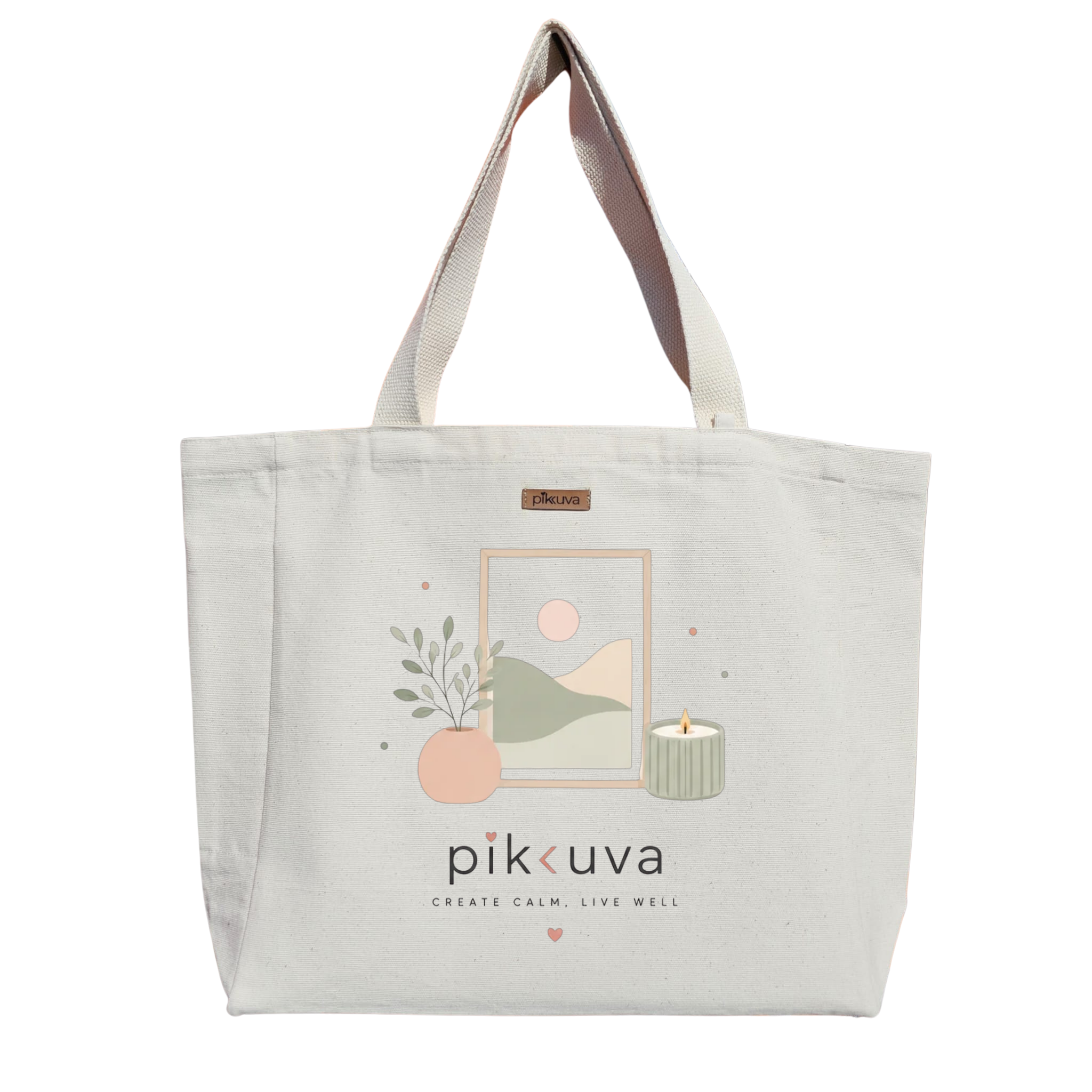 Natural Canvas Tote Bag, Natural Handle, White Velcro, Water Bottle Holder — 20x24