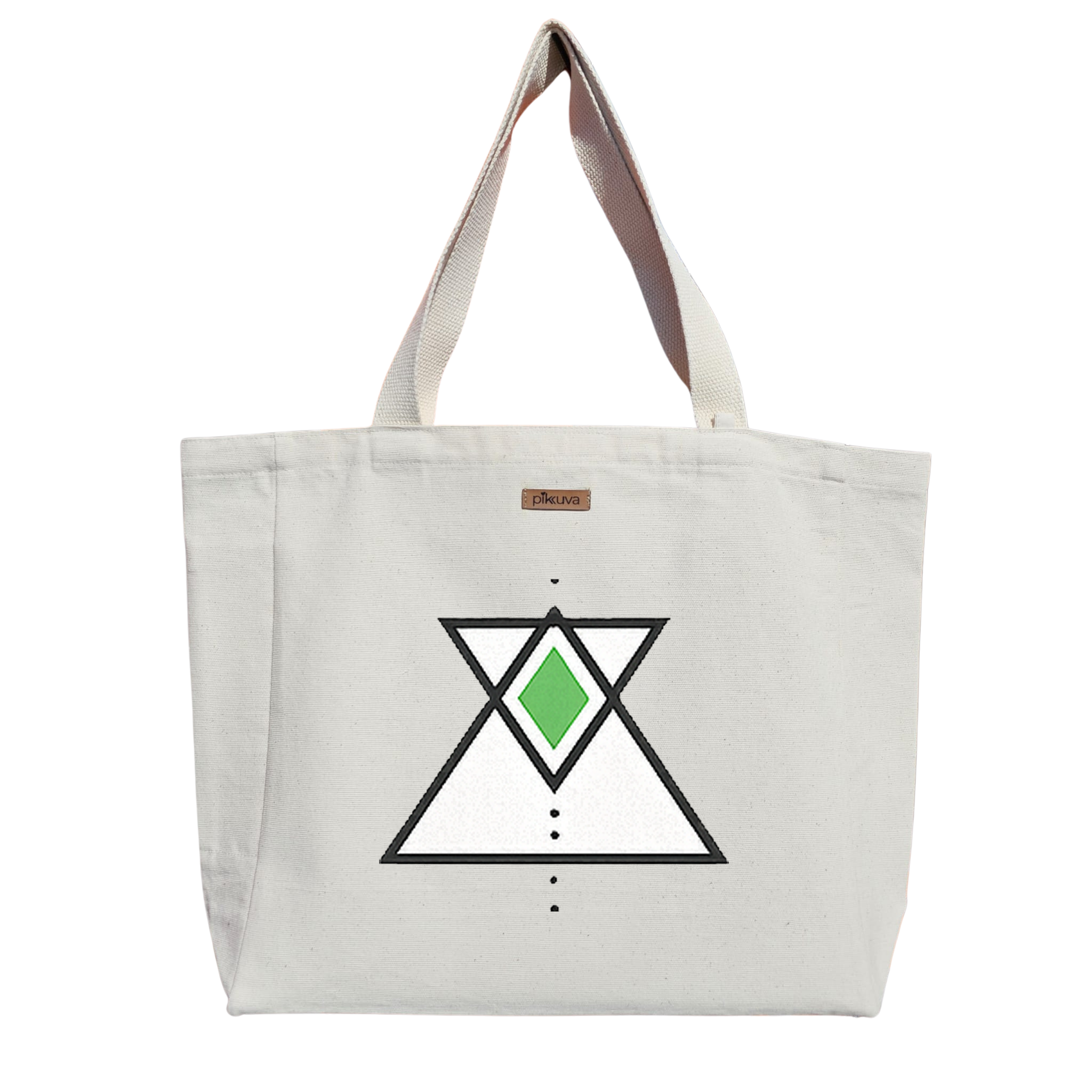 Yeşil Elmas Motifli Geometrik Tasarım Green diamond motif Baskılı Naturel Kanvas Bez Çanta Sap Beyaz Cırt Cırtlı Suluk Tutuculu — 20x24