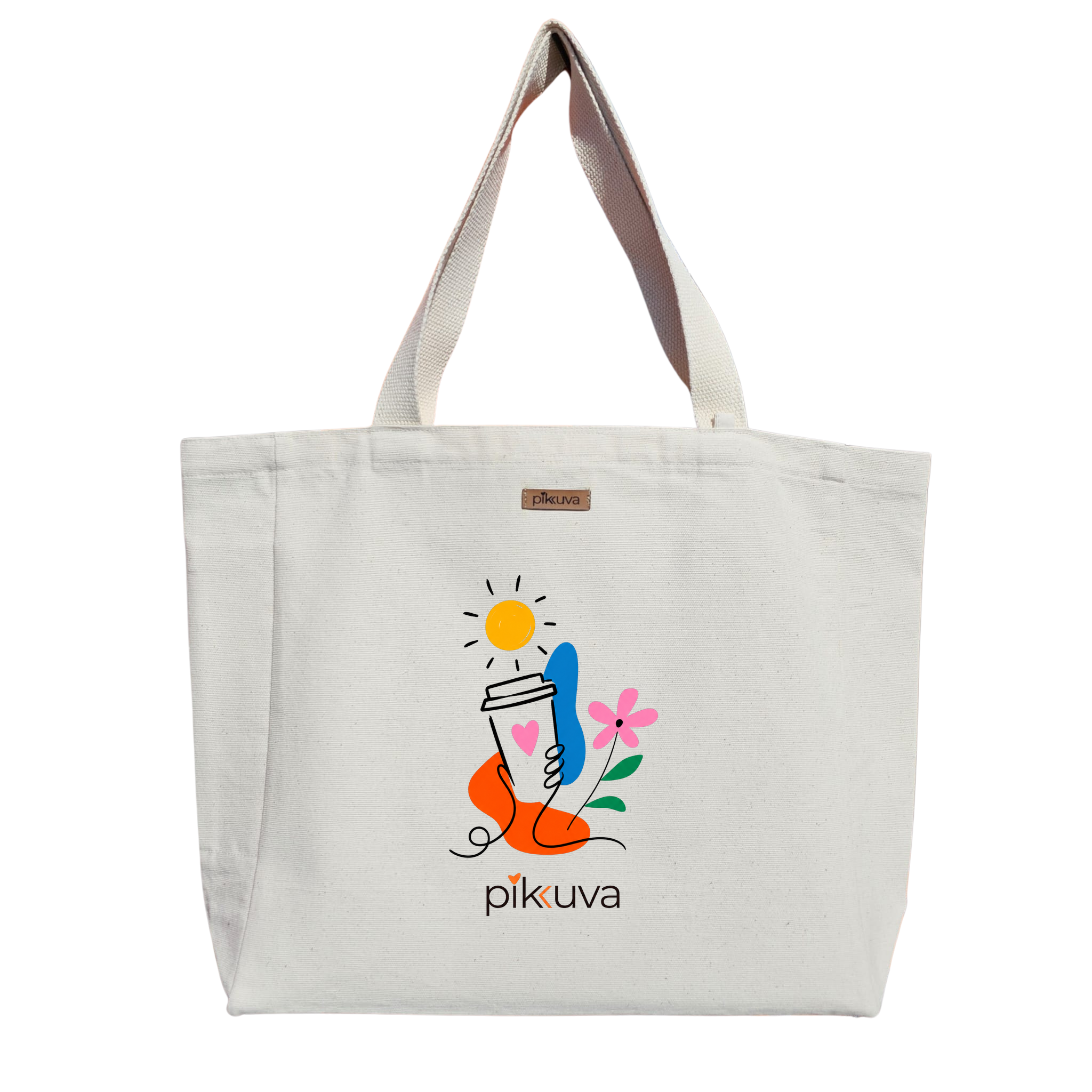 Natural Canvas Tote Bag, Natural Handle, White Velcro, Water Bottle Holder — 12x20