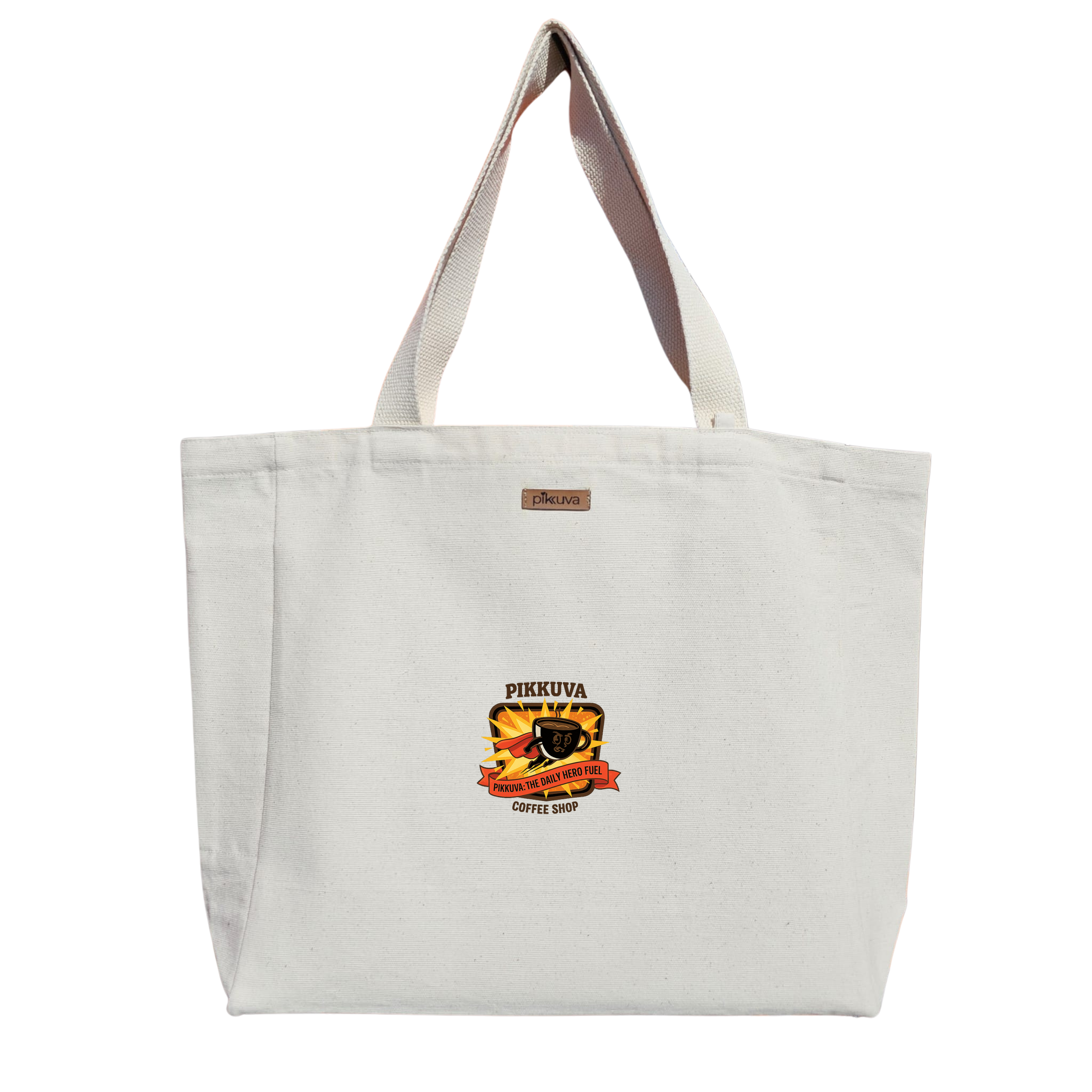 Natural Canvas Tote Bag, Natural Handle, White Velcro, Water Bottle Holder — 12x20