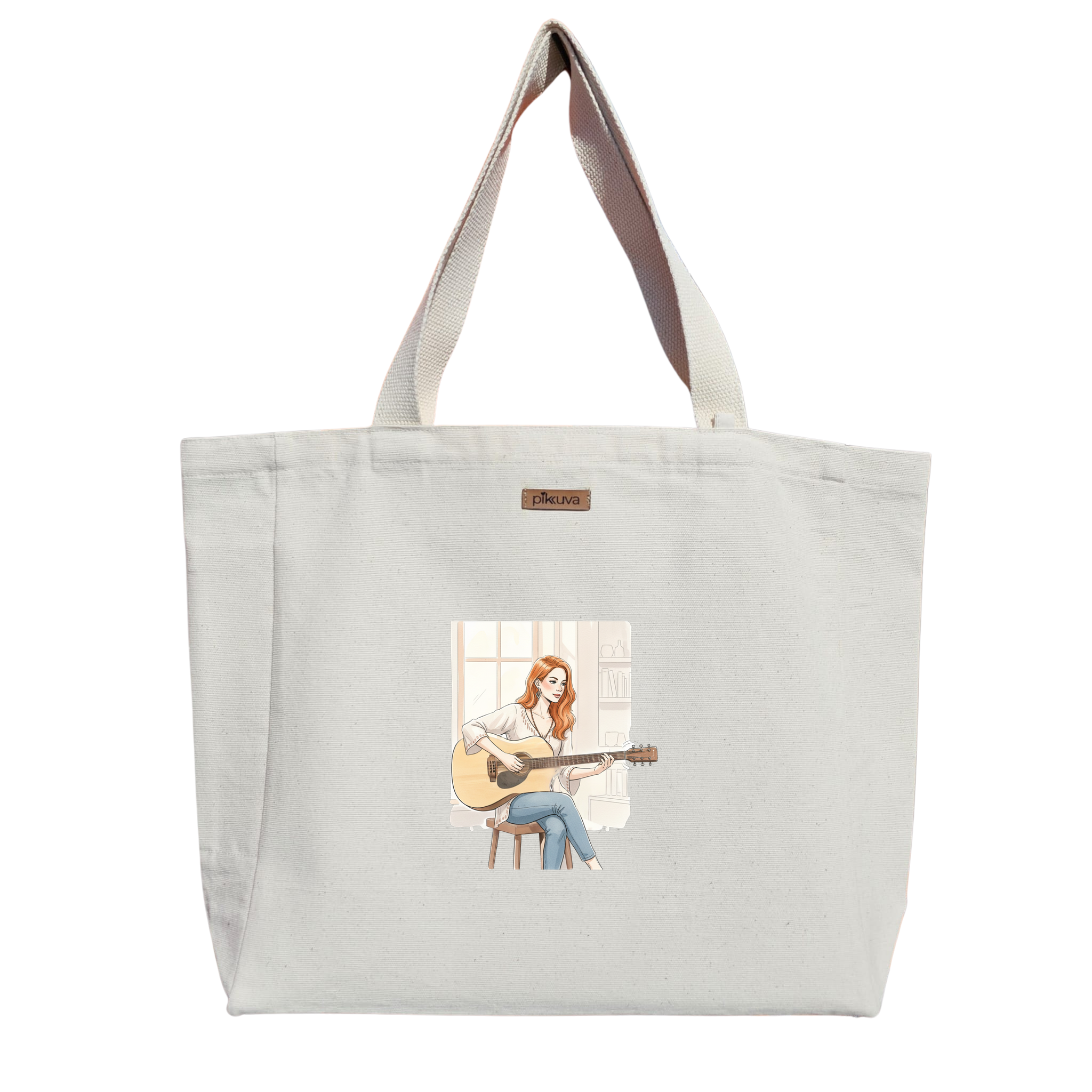 Gitar Çalan Kadın İllüstrasyonu Guitar playing woman illustration Baskılı Naturel Kanvas Bez Çanta Sap Beyaz Cırt Cırtlı Suluk Tutuculu — 12x20