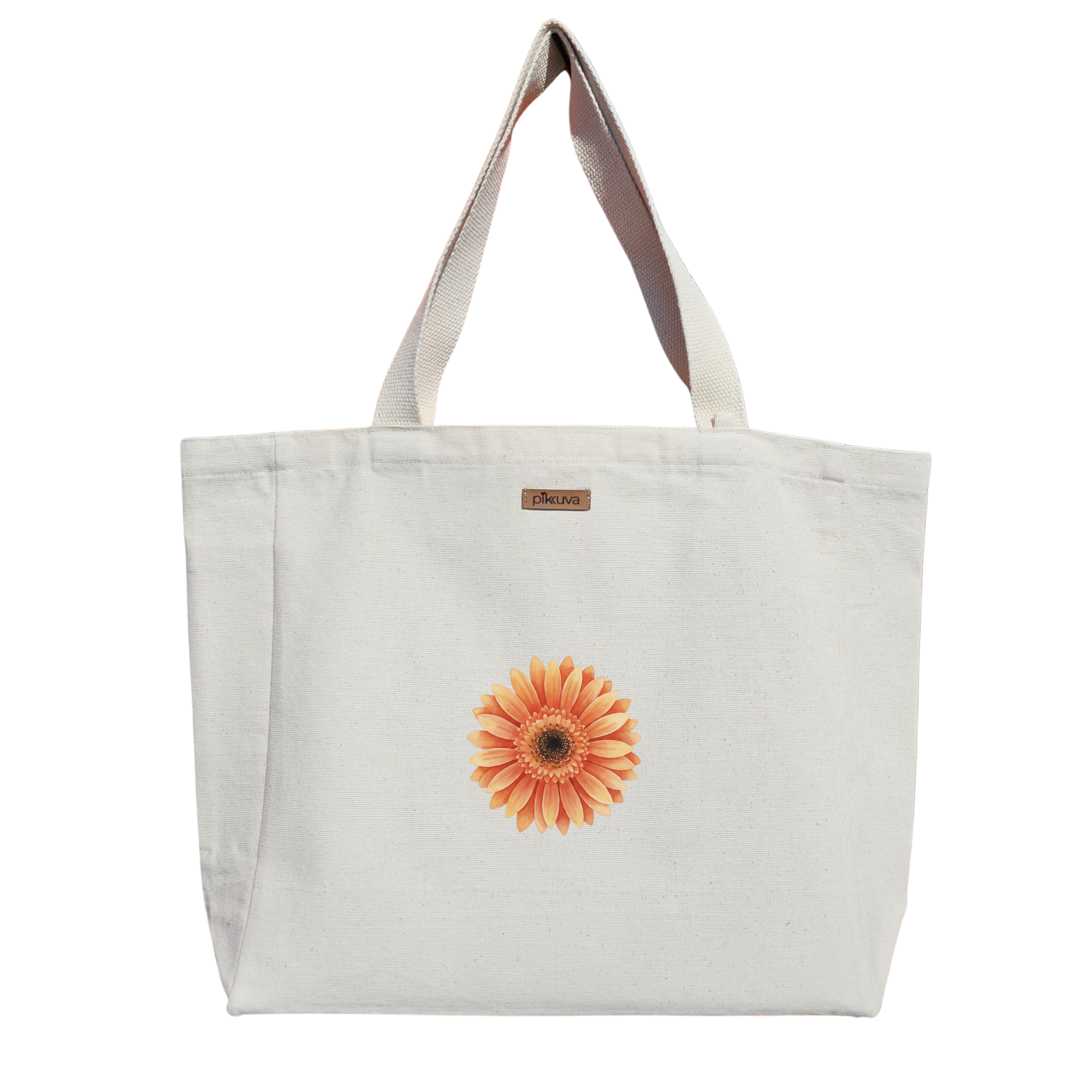 Şeftali Renkli Papatya Tasarımı Peach colored daisy design Baskılı Naturel Kanvas Bez Çanta Sap Beyaz Cırt Cırtlı Suluk Tutuculu