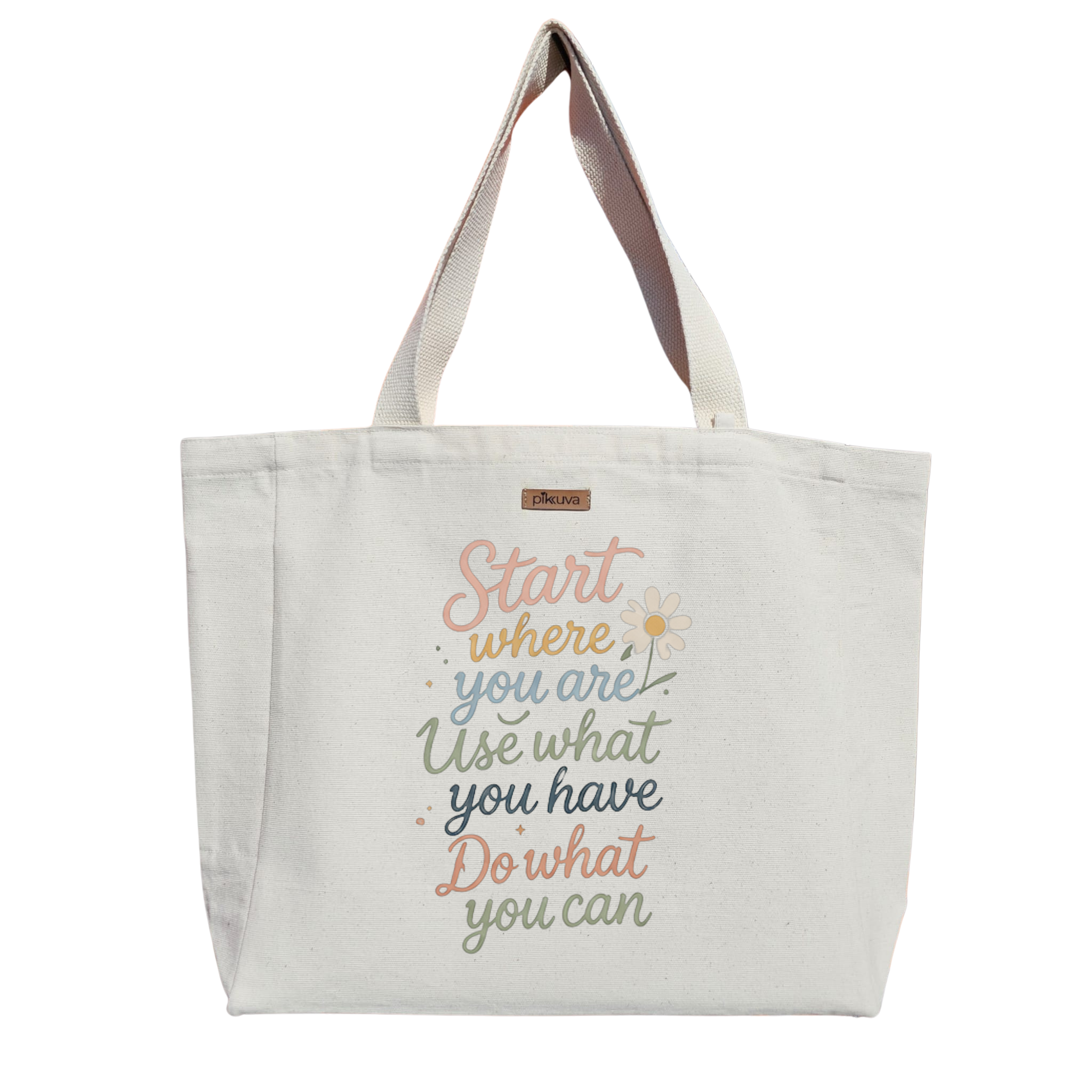 Natural Canvas Tote Bag, Natural Handle, White Velcro, Water Bottle Holder