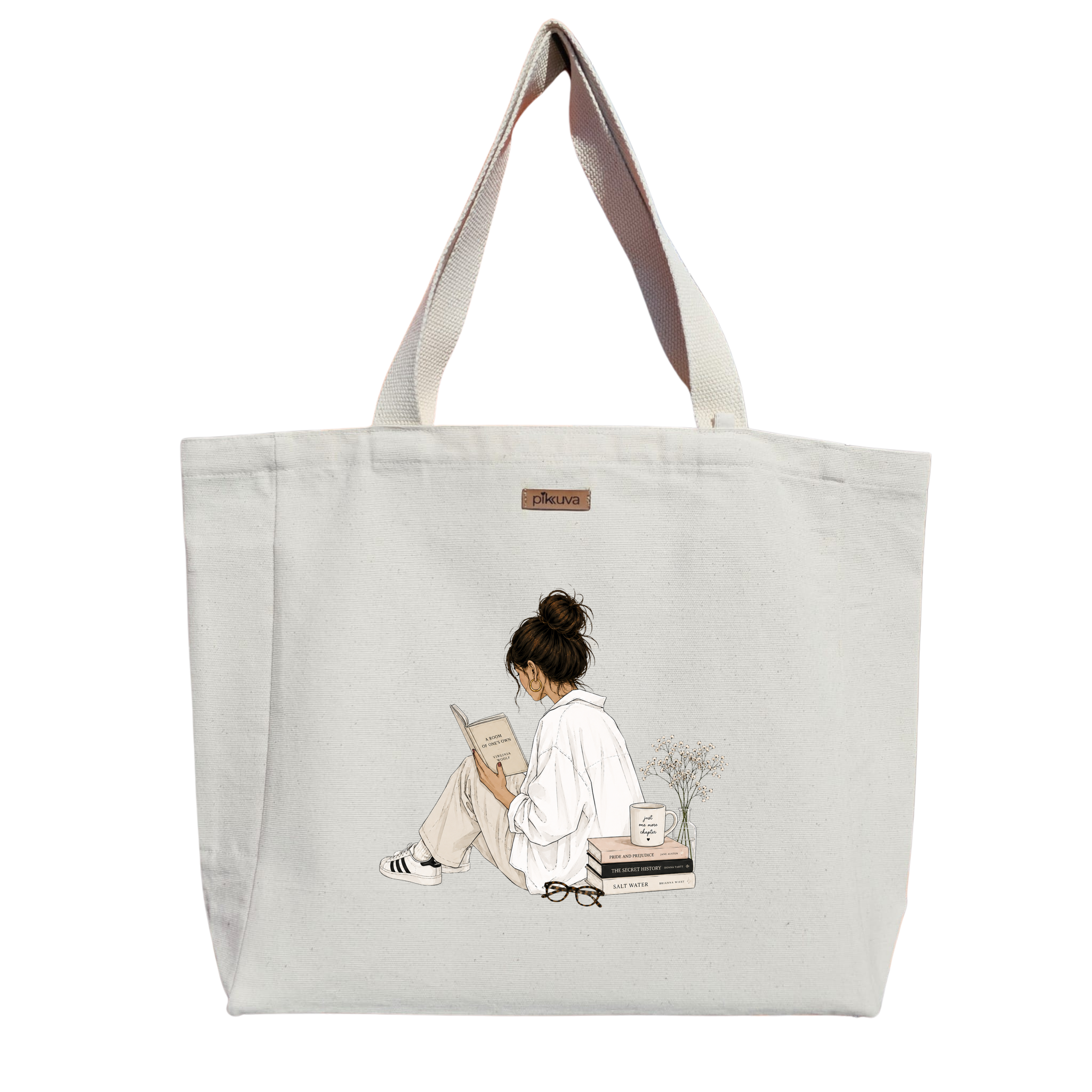Natural Canvas Tote Bag, Natural Handle, White Velcro, Water Bottle Holder — 20x24