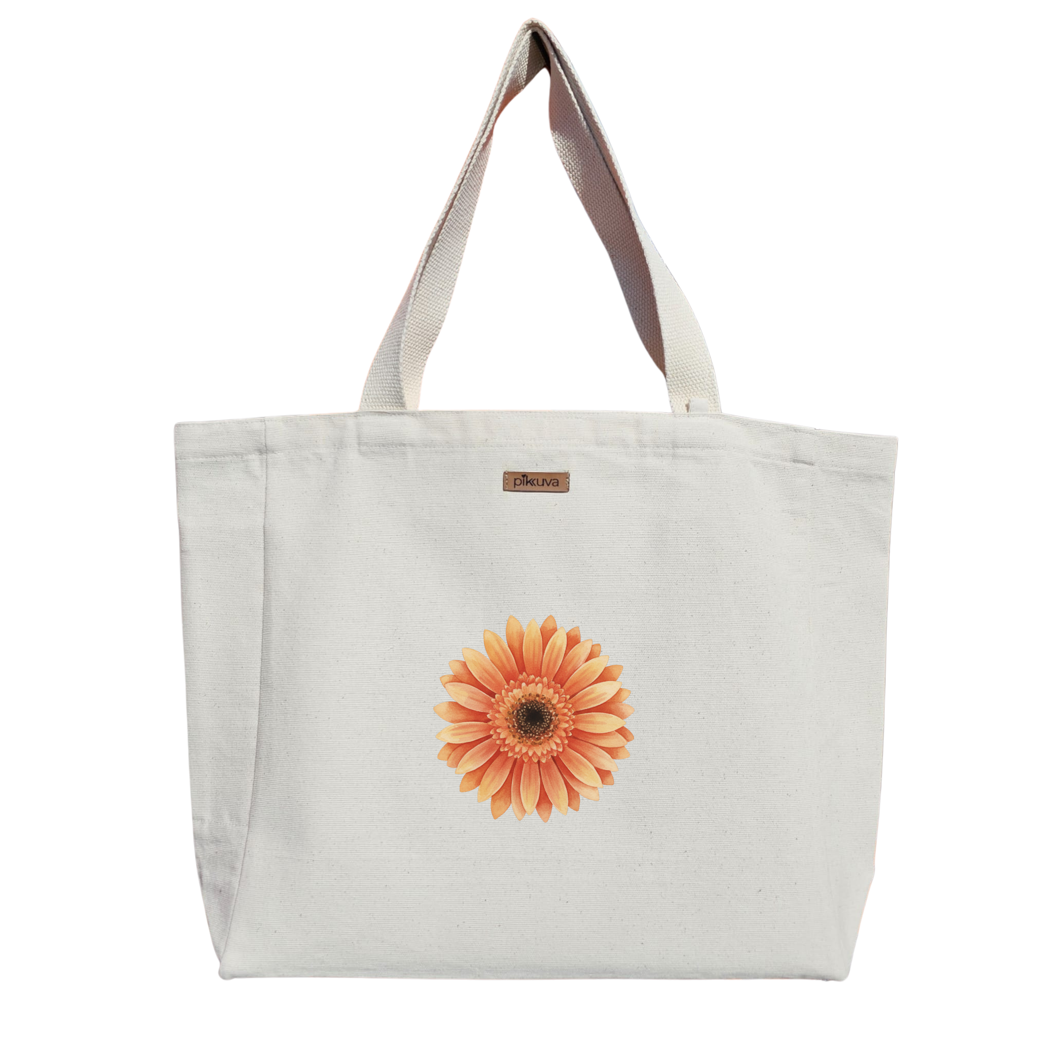 Şeftali Renkli Papatya Tasarımı Peach colored daisy design Baskılı Naturel Kanvas Bez Çanta Sap Beyaz Cırt Cırtlı Suluk Tutuculu — 12x20