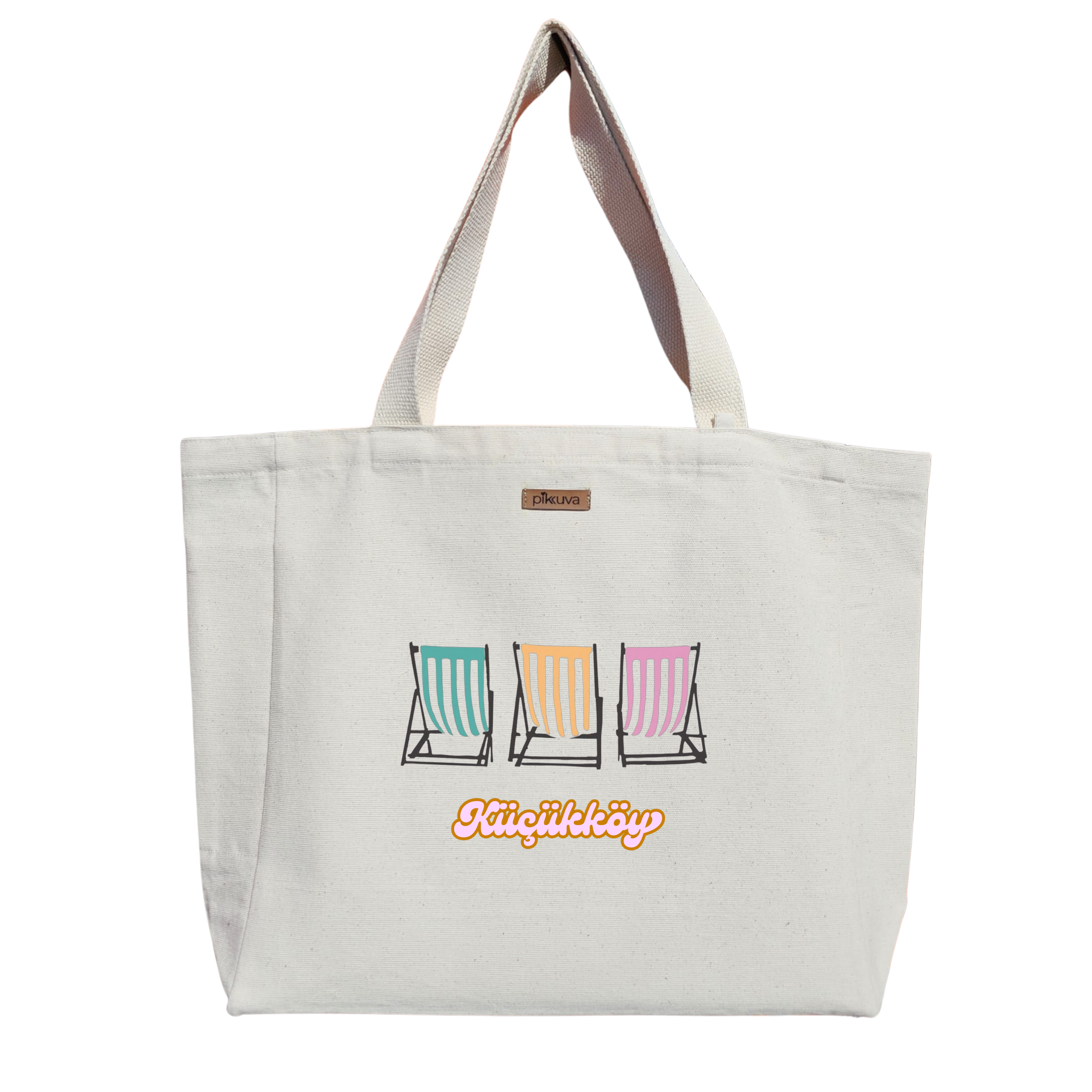 Natural Canvas Tote Bag, Natural Handle, White Velcro, Water Bottle Holder — 20x12