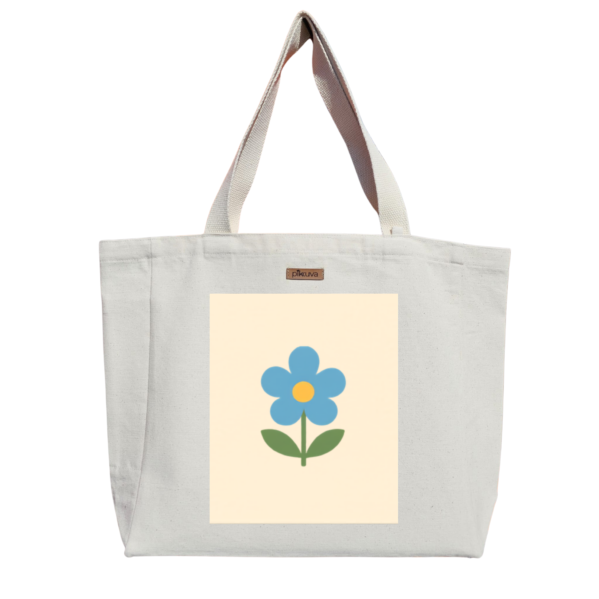 Mavi Çiçekli Minimalist Tote Çanta Tasarımı Baskılıı Naturel Kanvas Bez Sap Beyaz Cırt Cırtlı Suluk Tutuculu — 20x24